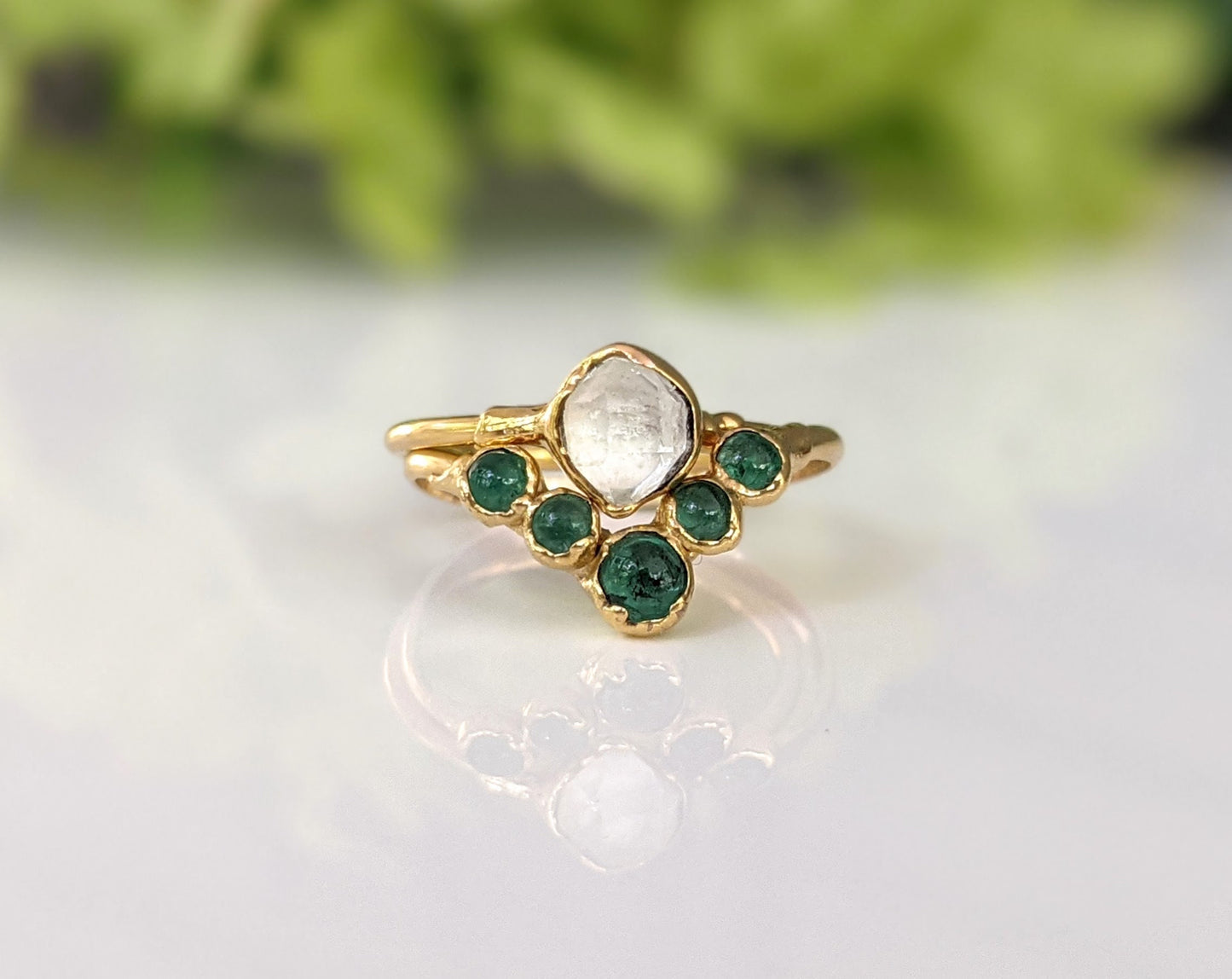 Natural Herkimer diamond and Emerald Chevron wedding ring set in 18k Gold