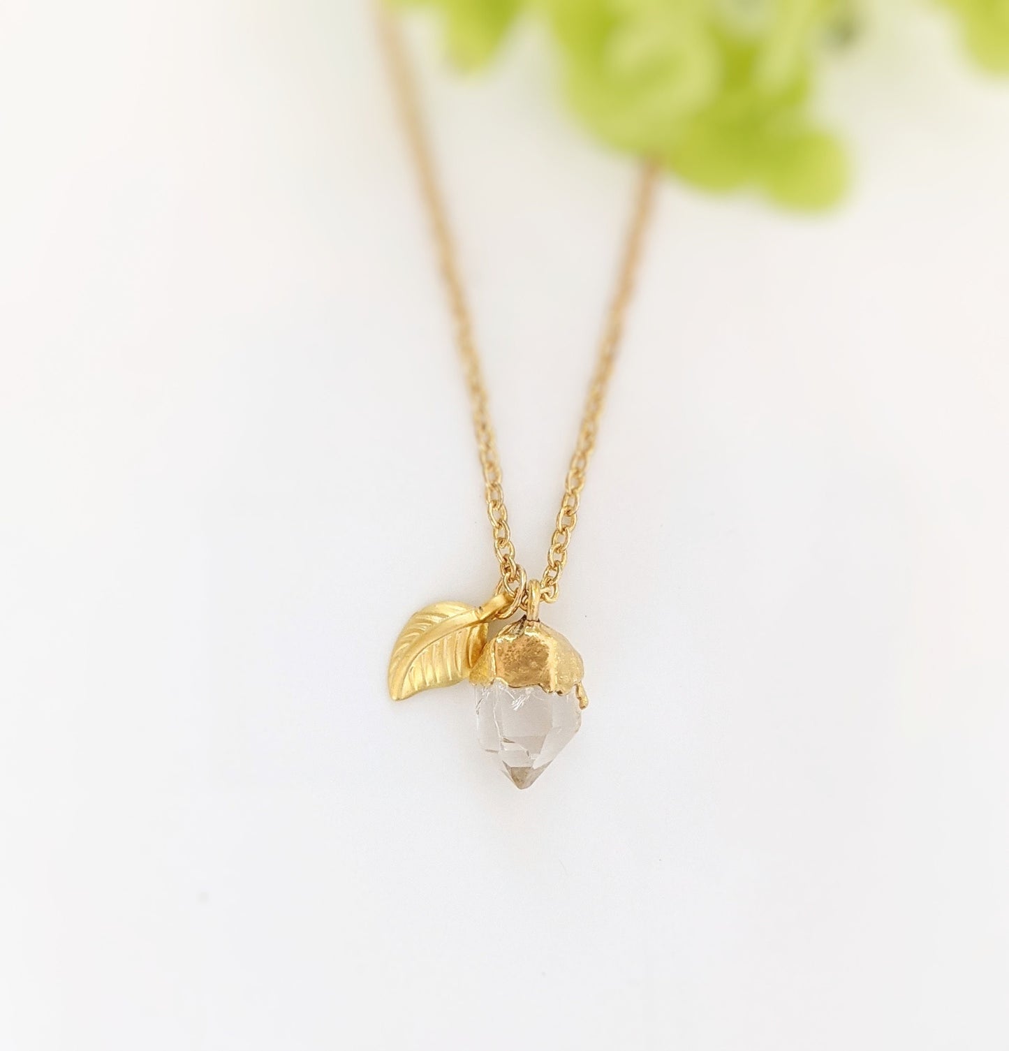 Raw Herkimer DIamond Necklace uniquely set in 18k Gold