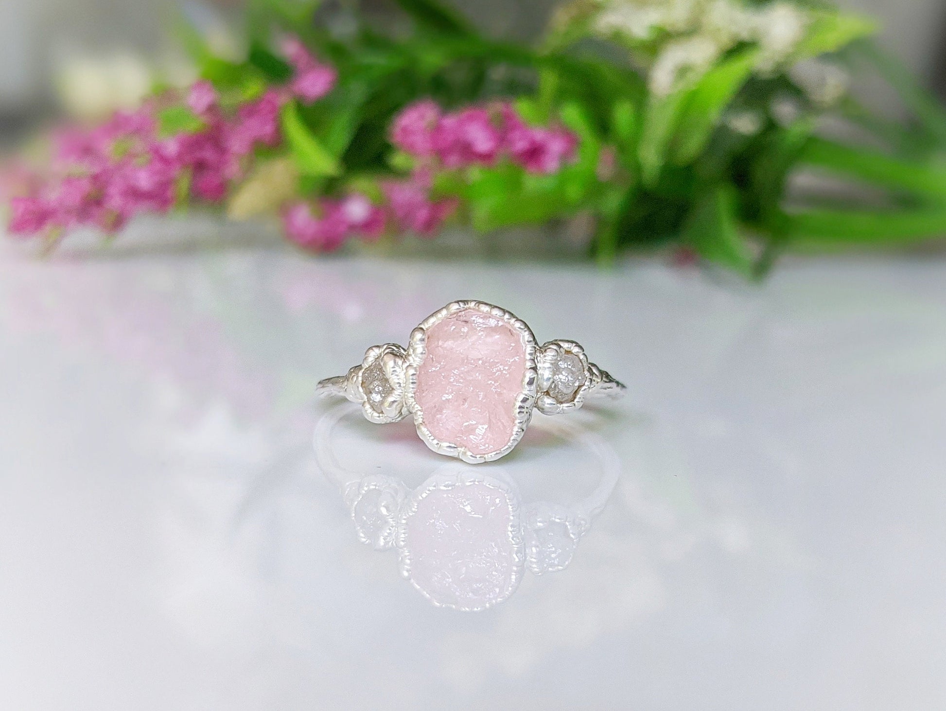 Raw Morganite and rough diamond Engagement ring in Fine 99.9 Silver