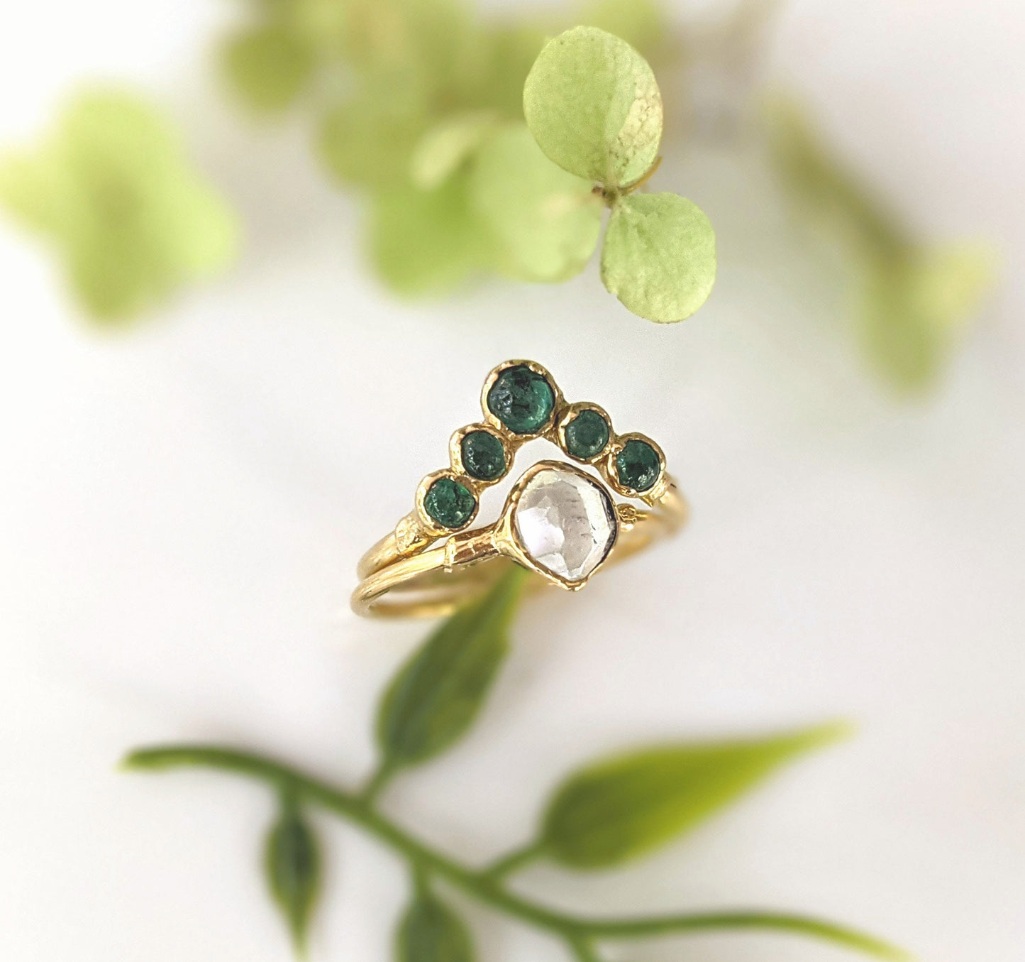 Natural Herkimer diamond and Emerald Chevron wedding ring set in 18k Gold