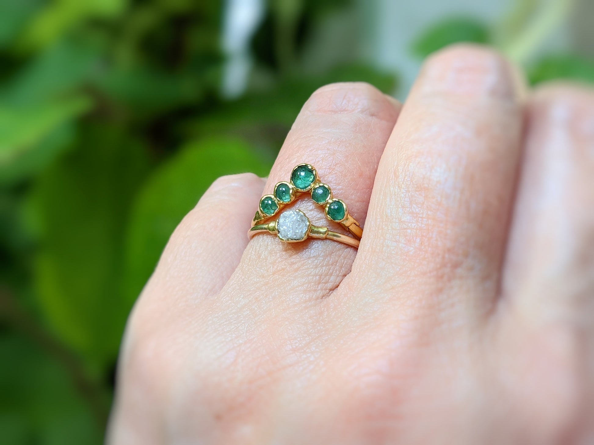 Natural Emerald and raw diamond Chevron Engagement and wedding ring set in 18k Gold