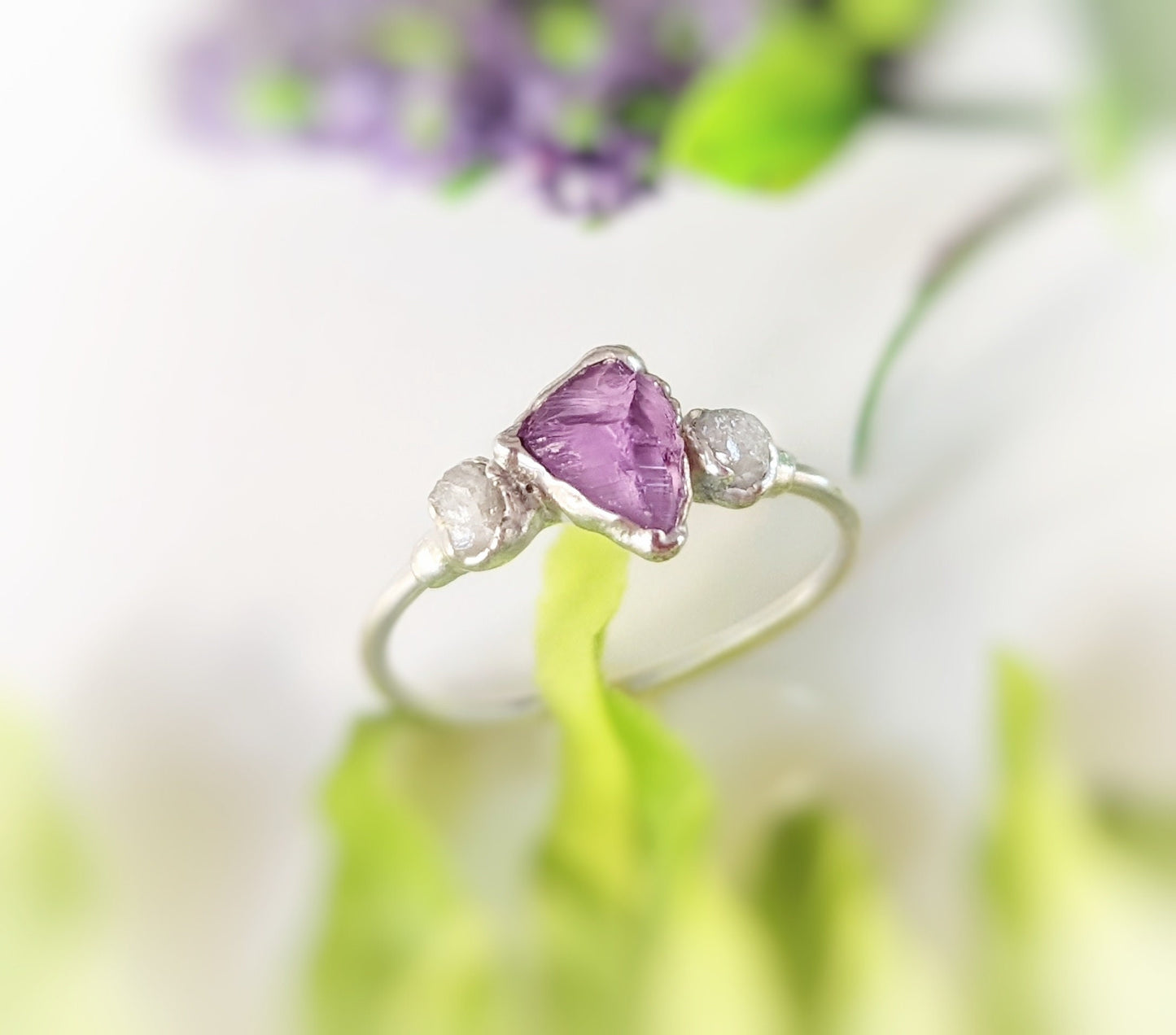 Raw Alexandrite and rough diamond Engagement ring in Fine 99.9 Silver