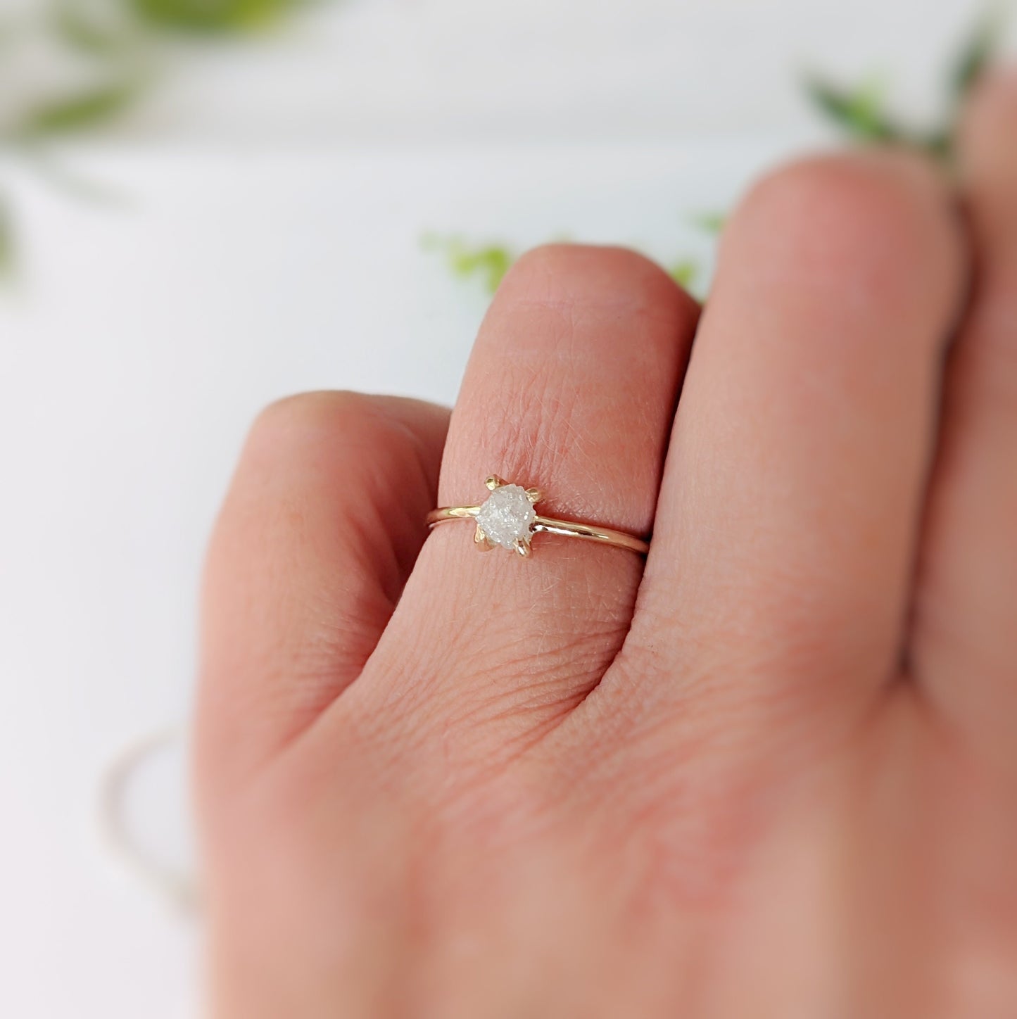 Raw diamond solitaire engagement ring in Solid 18k Gold
