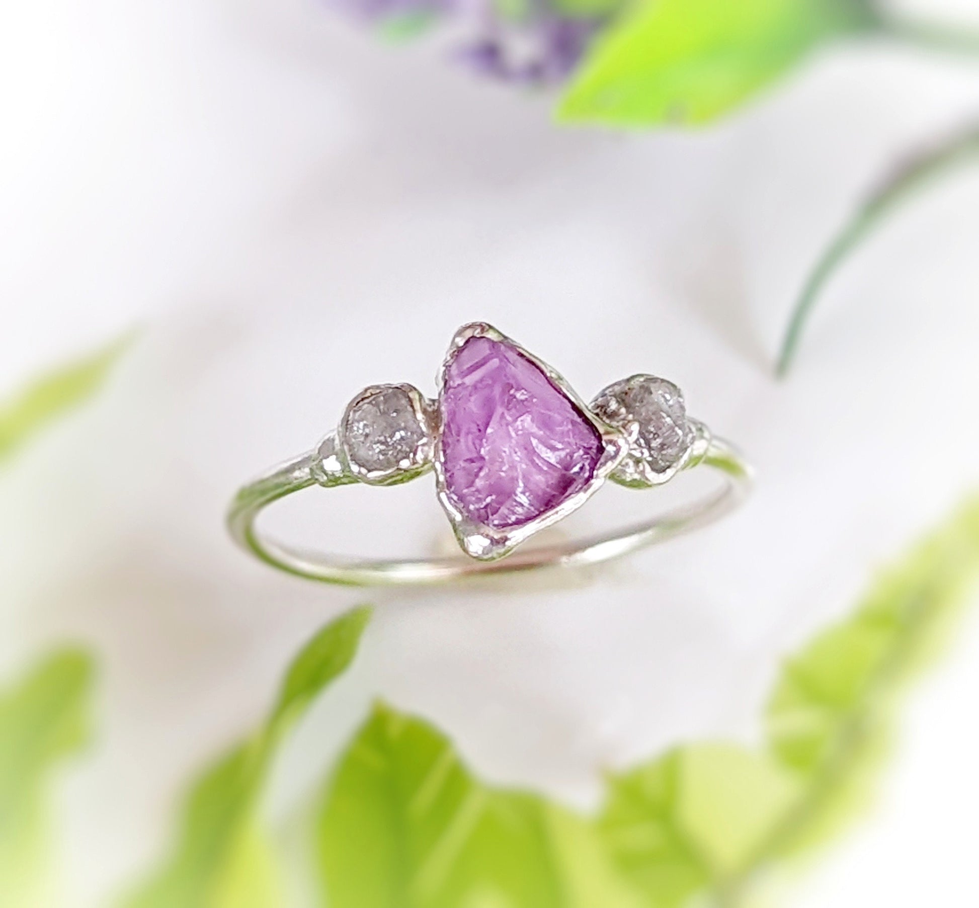 Raw Alexandrite and rough diamond Engagement ring in Fine 99.9 Silver