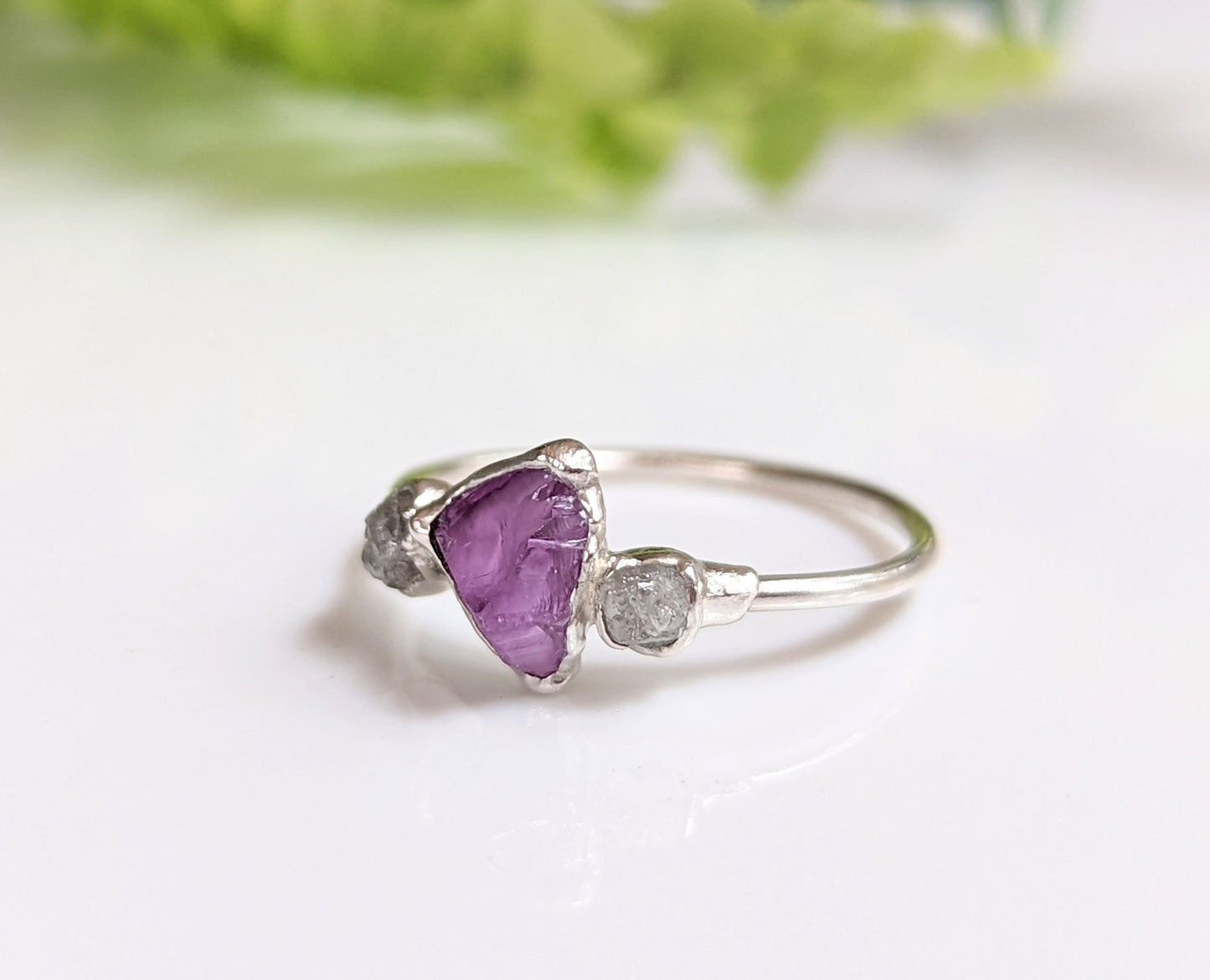 Raw Alexandrite and rough diamond Engagement ring in Fine 99.9 Silver