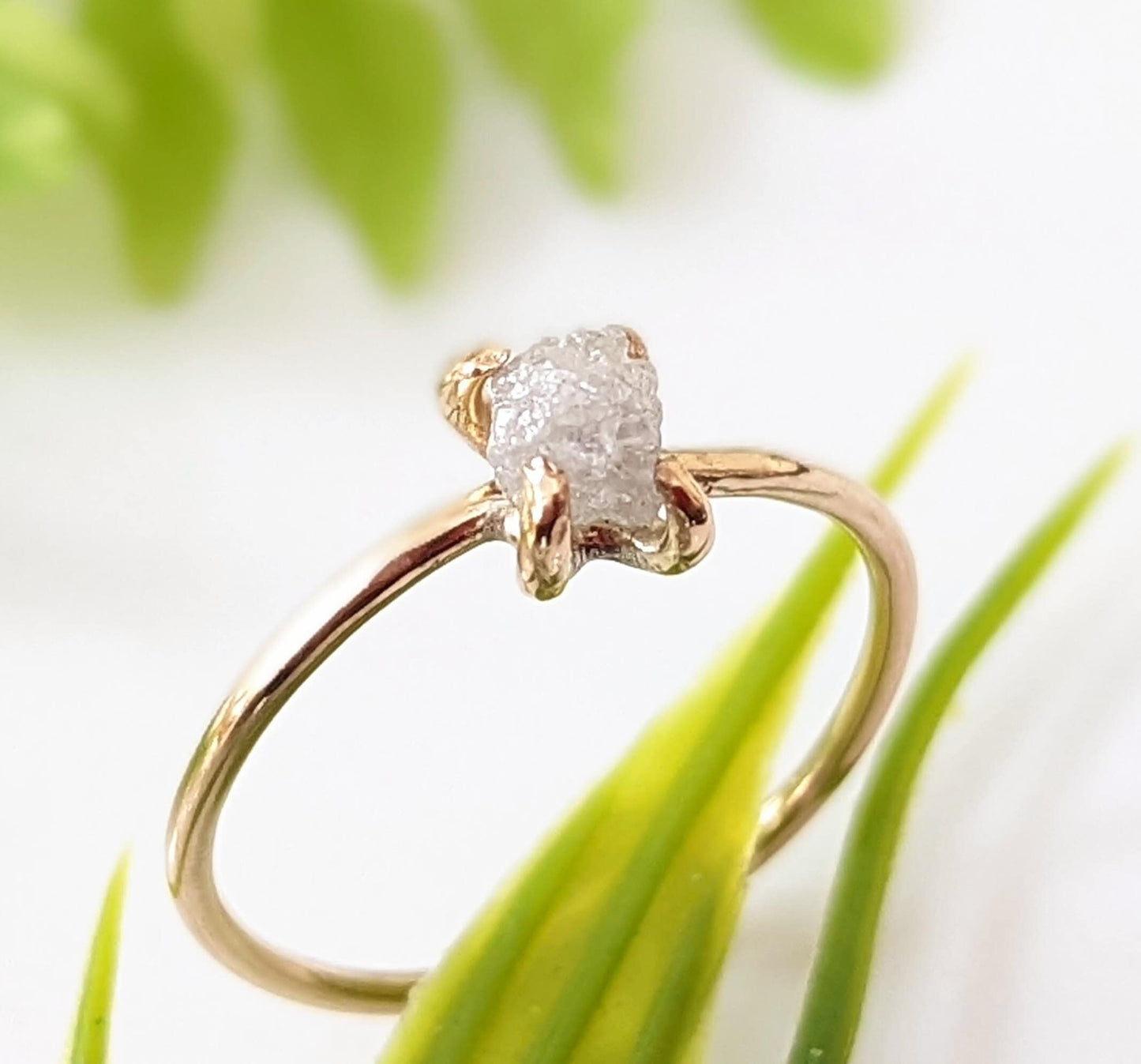 Raw diamond solitaire engagement ring in Solid 18k Gold