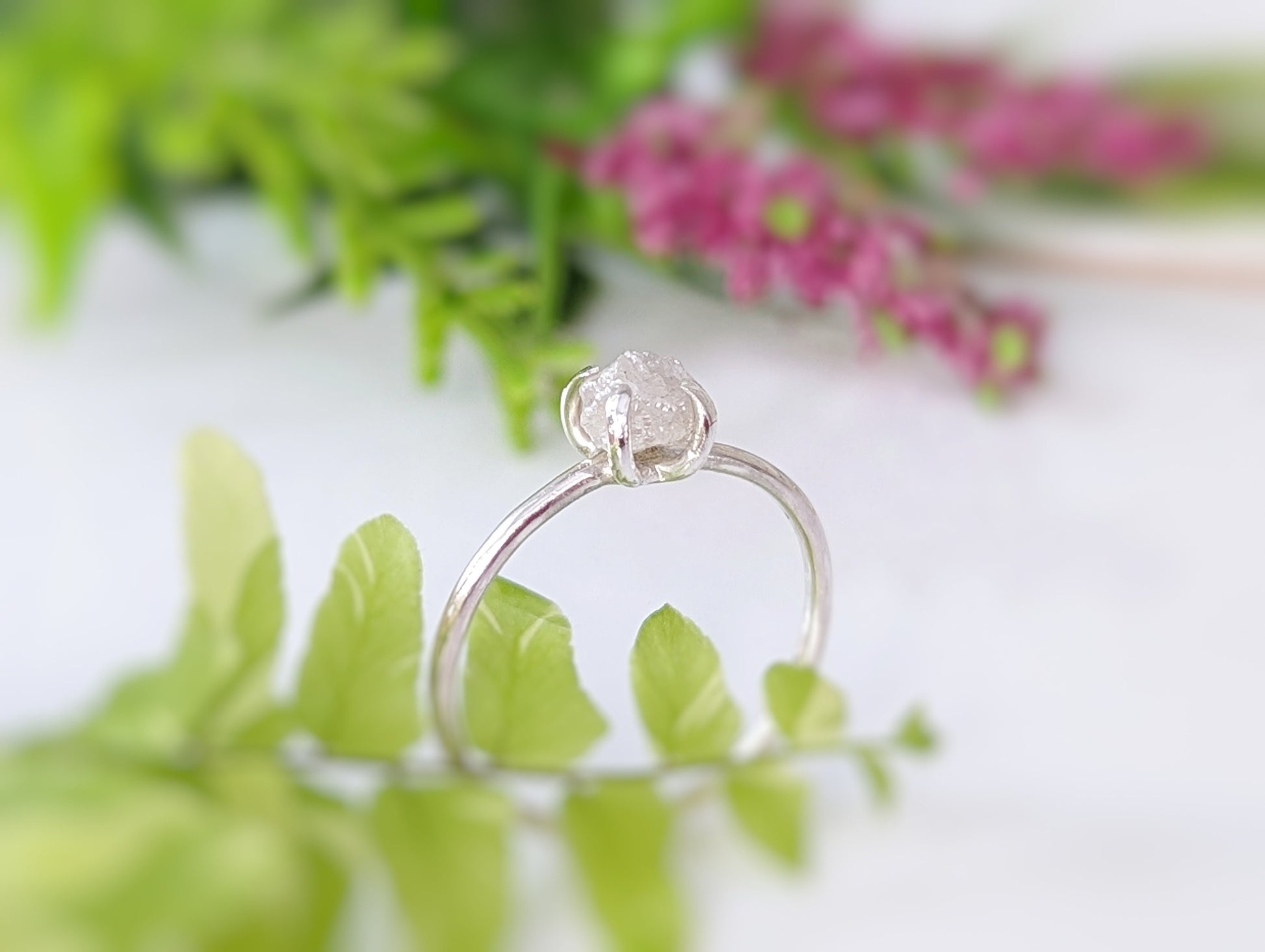 Raw diamond solitaire engagement ring in Sterling Silver