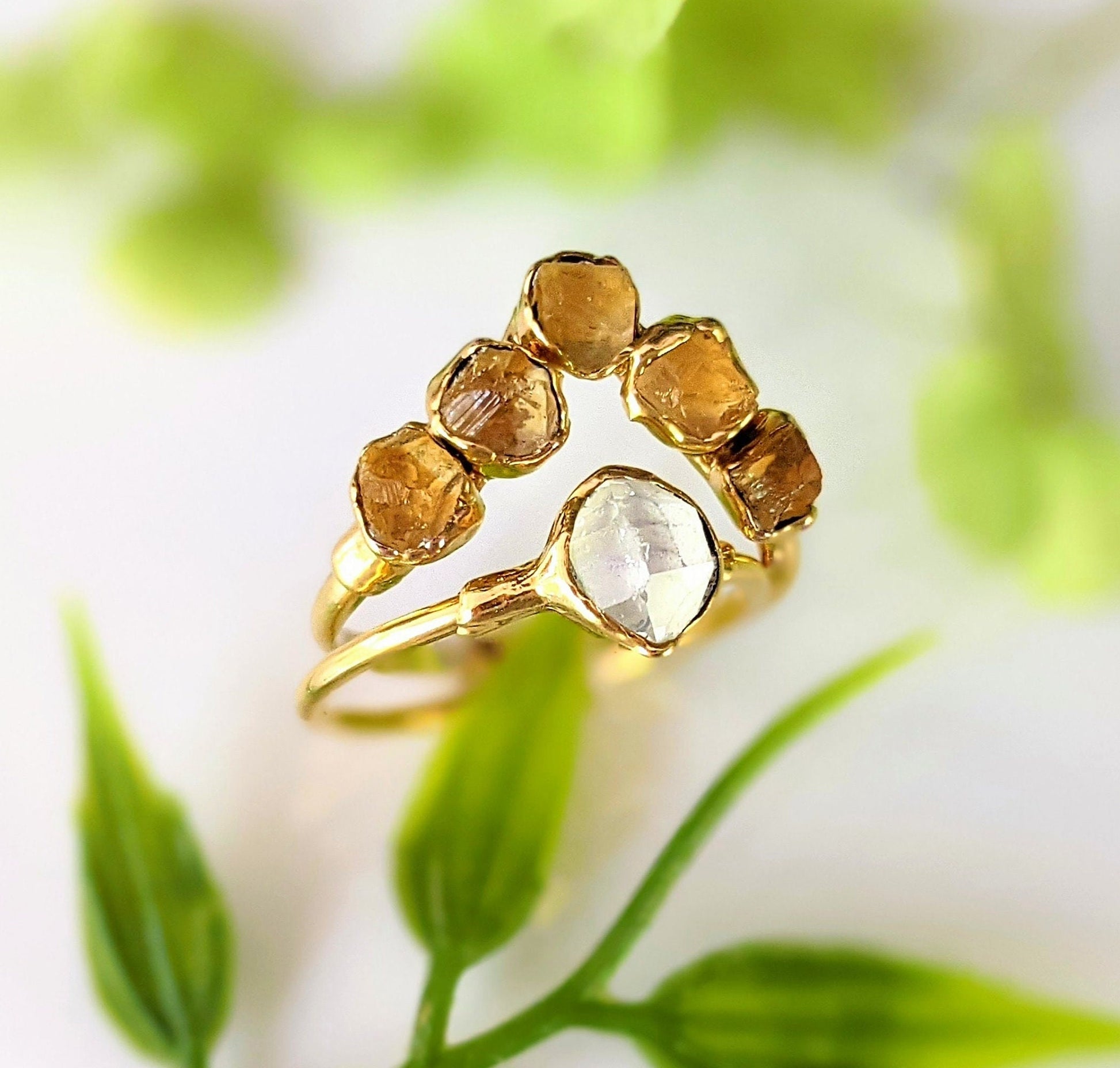 Raw Citrine and Herkimer diamond Chevron engagement and wedding ring set in 18k Gold