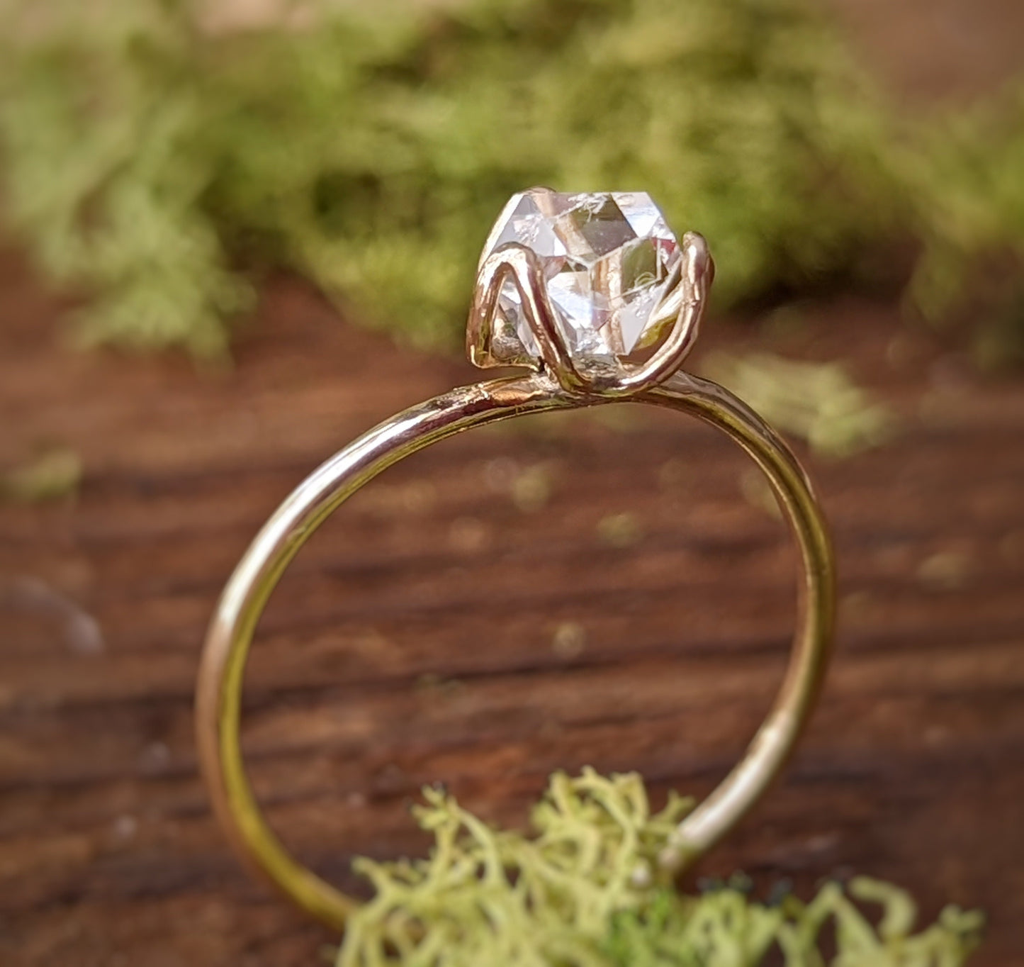 Herkimer diamond solitaire Engagement ring in Sterling Silver Flower prongs setting