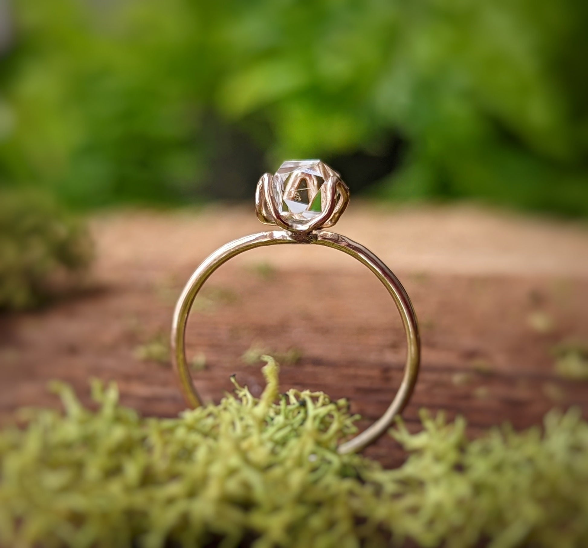Herkimer diamond Engagement Ring in 18k Gold Flower prongs