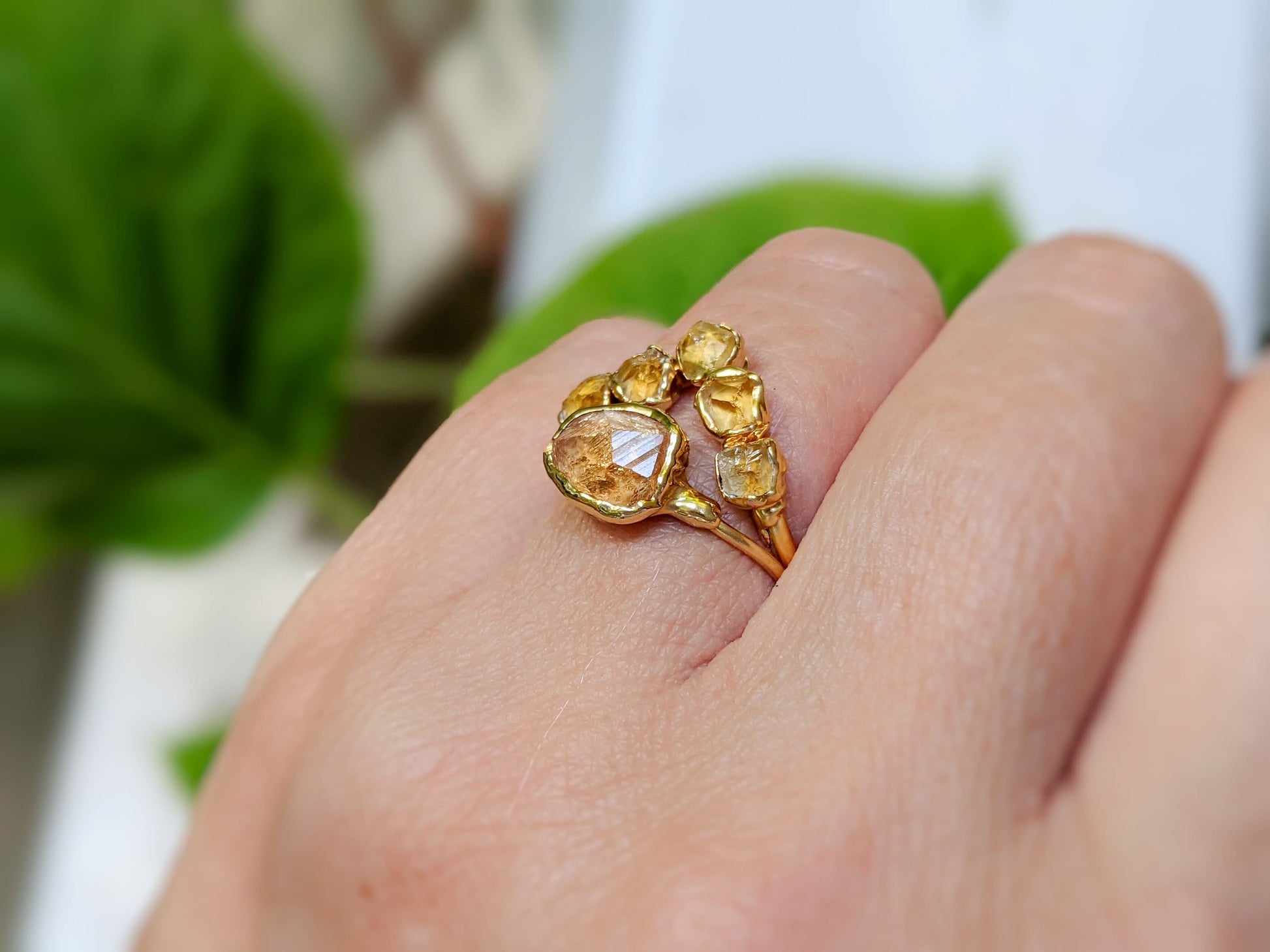 Raw Topaz and rough Citrine Chevron Engagement and wedding ring set in 18k Gold