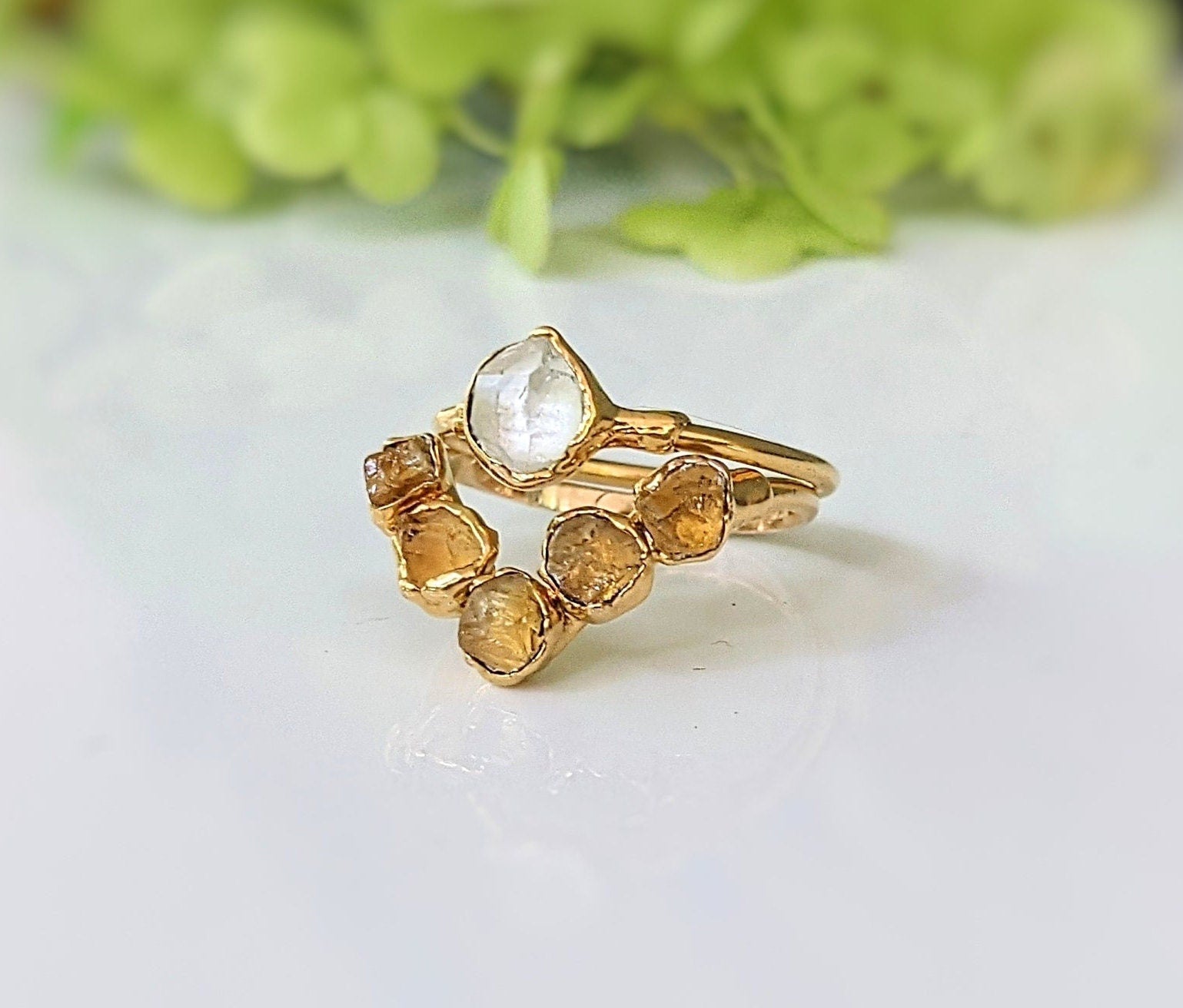 Raw Citrine and Herkimer diamond Chevron engagement and wedding ring set in 18k Gold