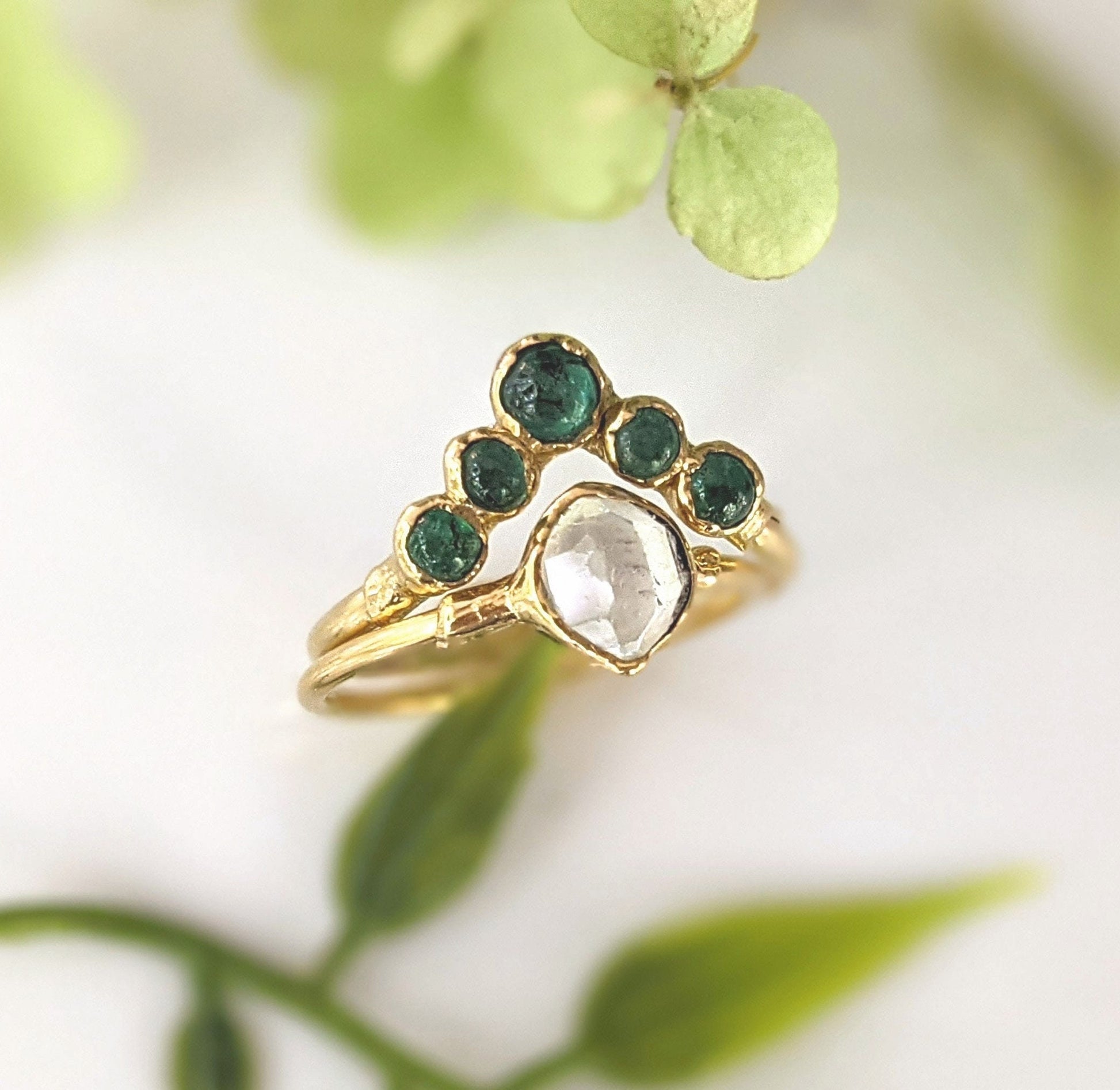 Natural Emerald and Herkimer diamond Chevron Engagement and wedding ring set in 18k Gold