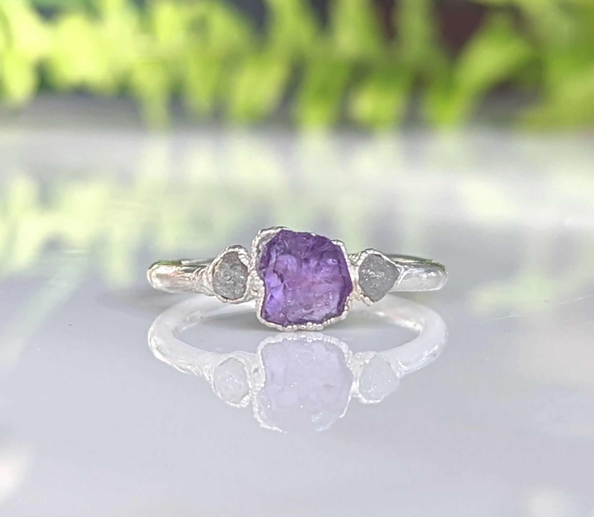 Raw Amethyst and rough uncut Diamond Engagement ring in Fine 99.9 Silver