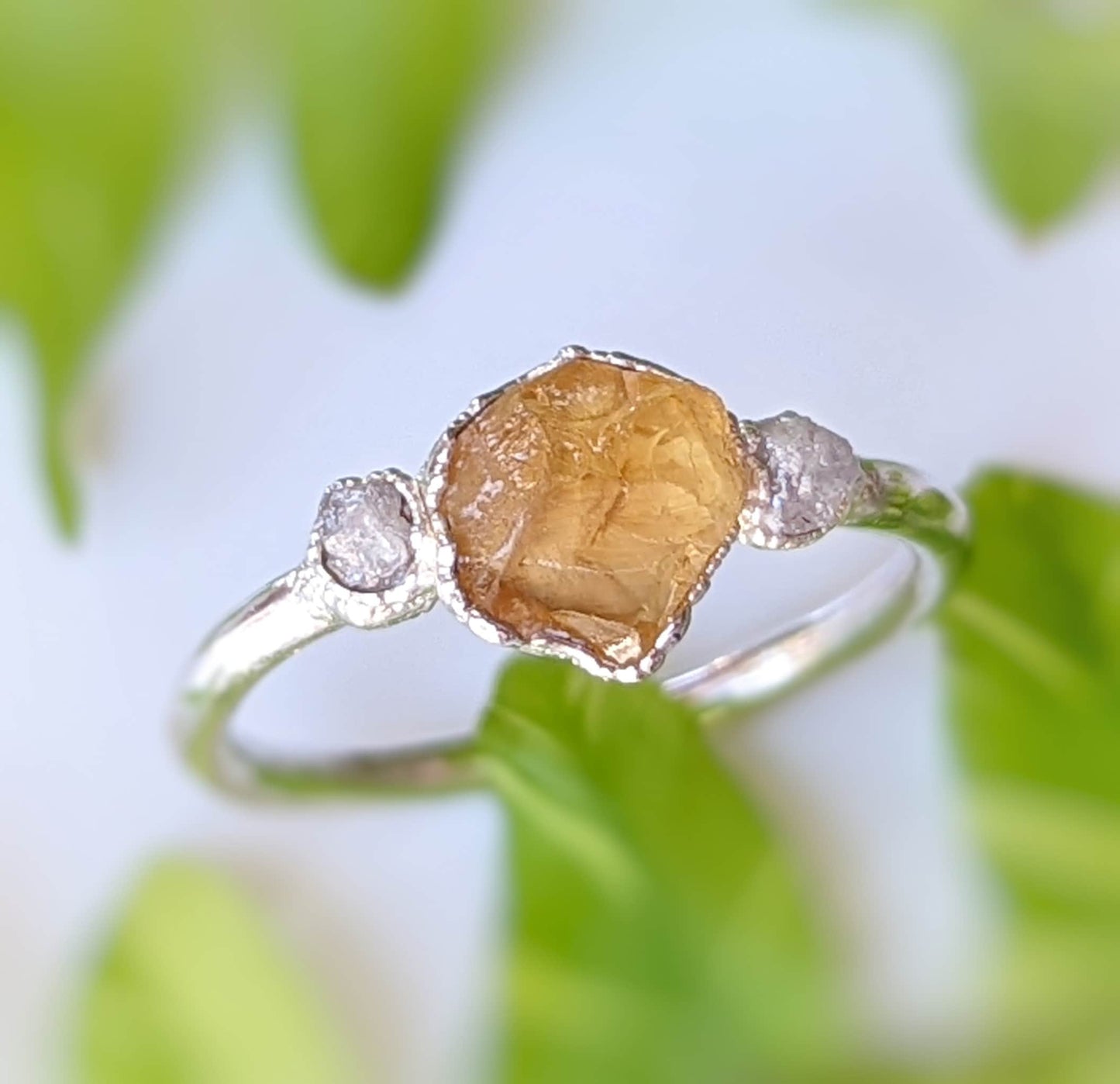 Raw Citrine & rough diamond Engagement ring in Fine 99.9 Silver
