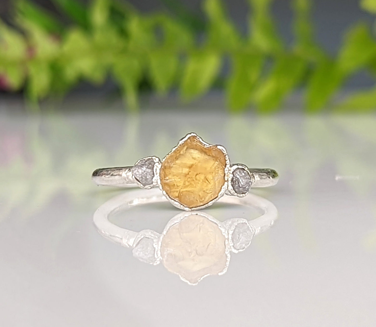 Raw Citrine & rough diamond Engagement ring in Fine 99.9 Silver