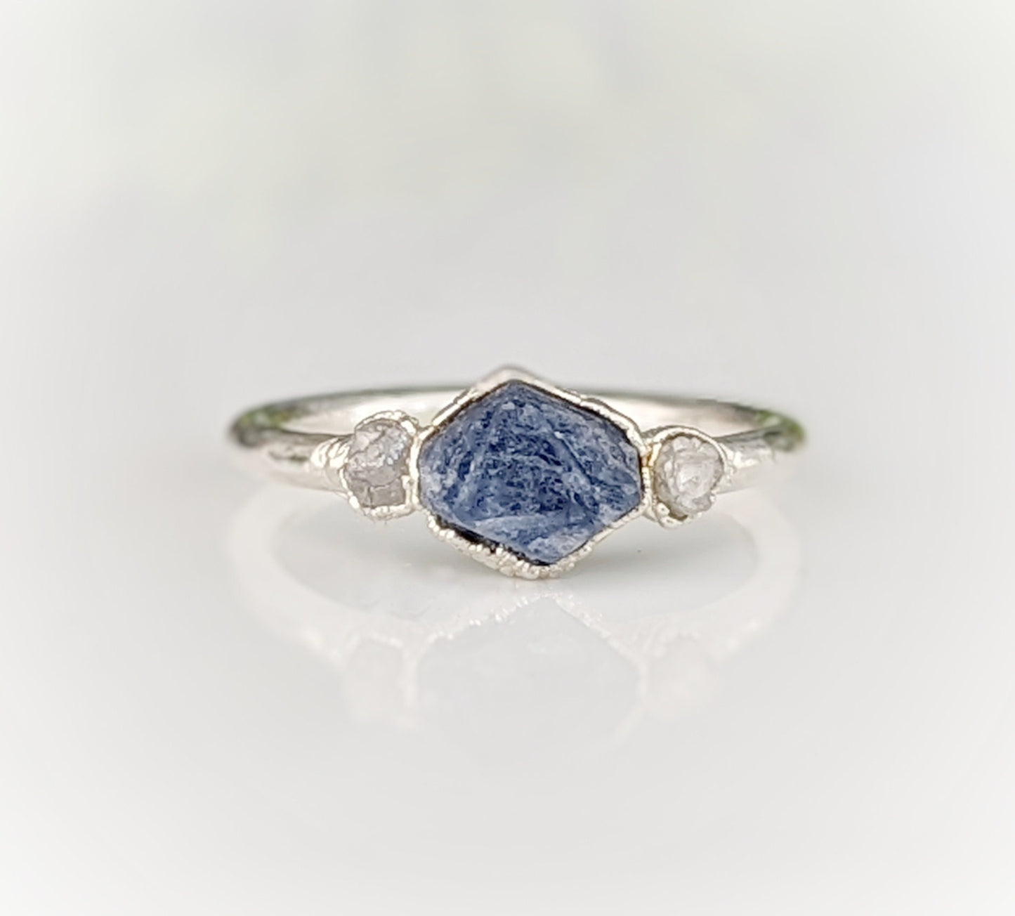 Raw Sapphire and rough diamond Engagement Ring in Fine 99.9 Silver