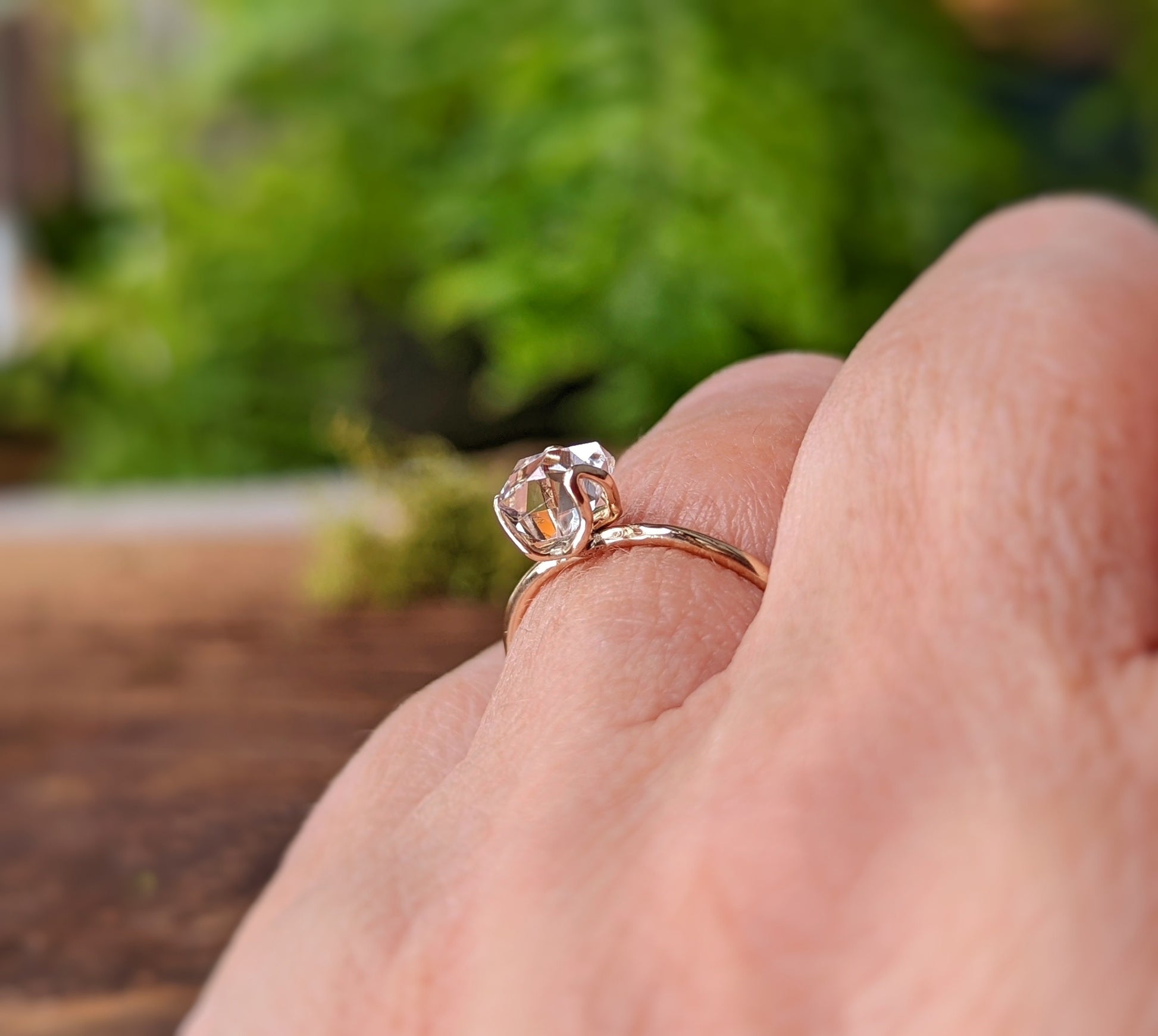 Herkimer diamond solitaire Engagement ring in Sterling Silver Flower prongs setting