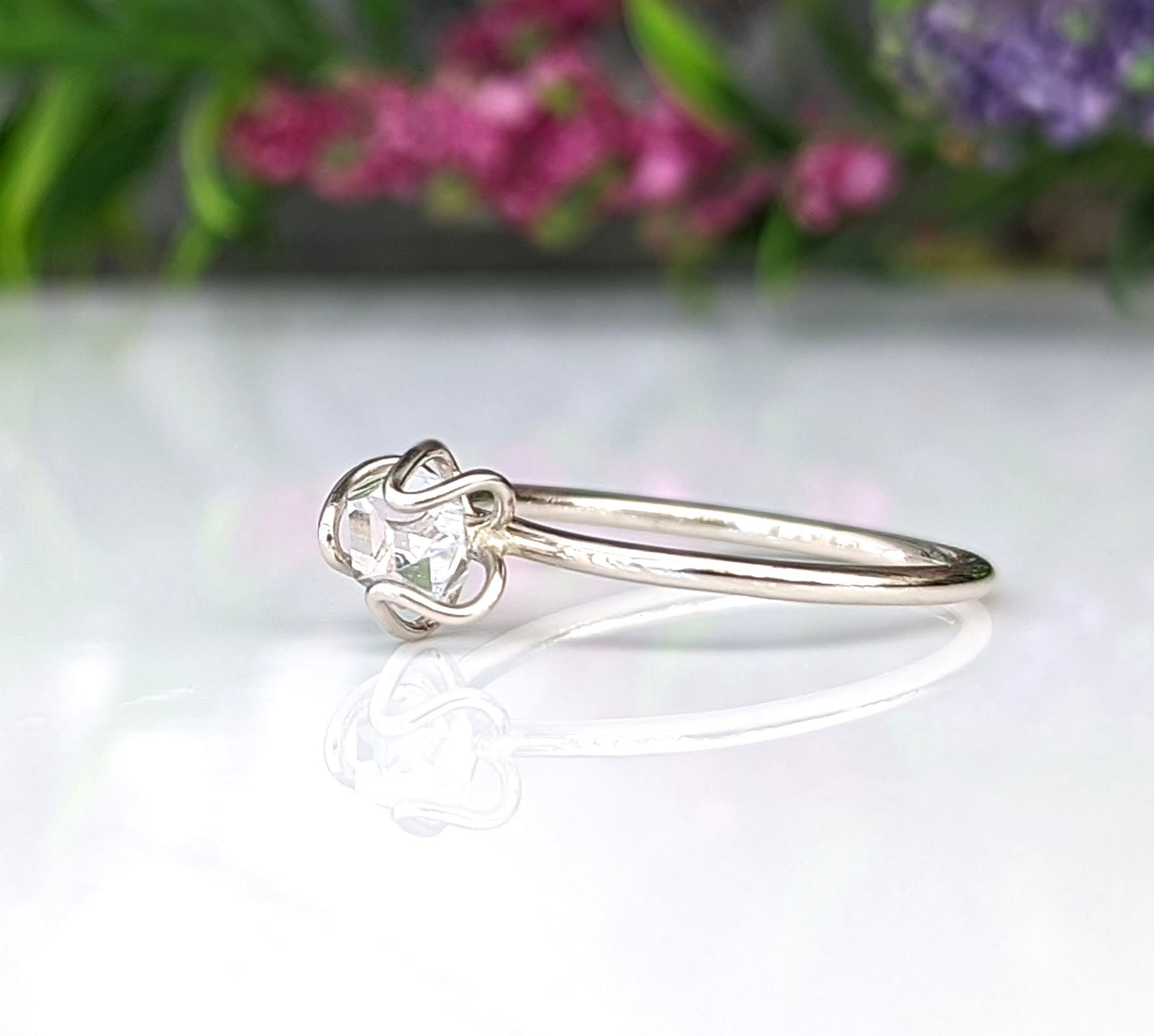 Silver Herkimer diamond flower ring