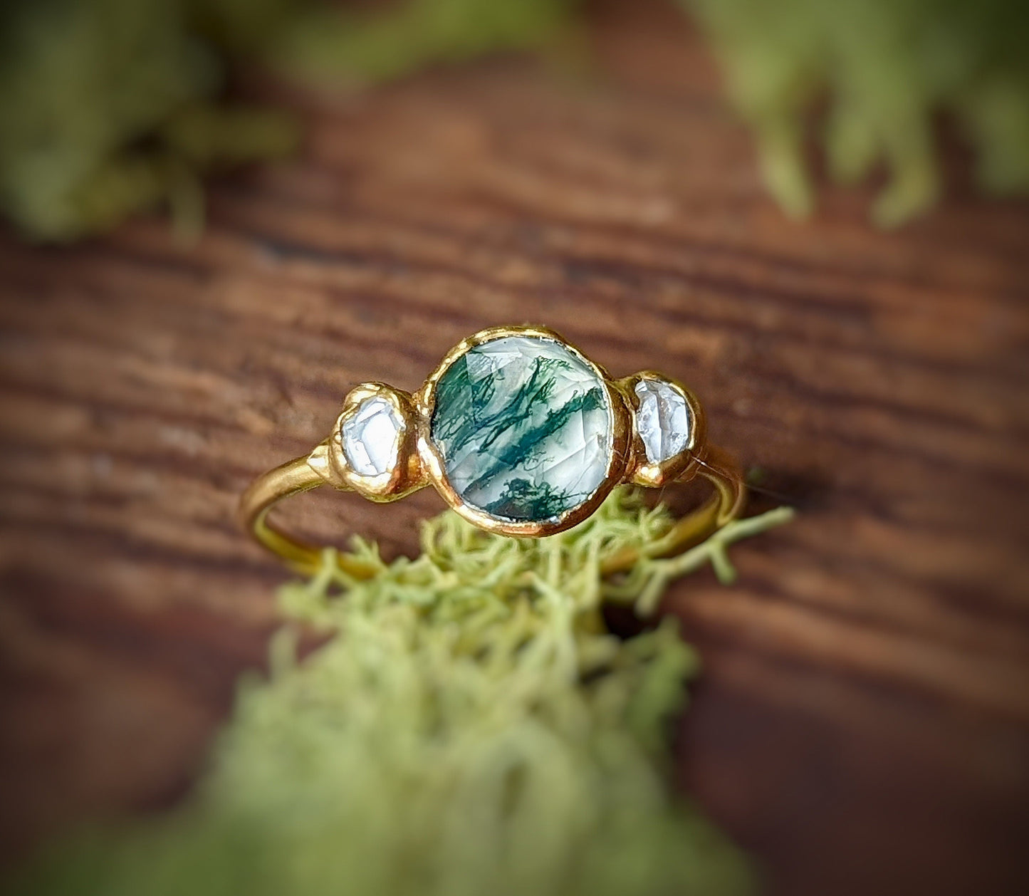 Moss Agate and Herkimer diamond Engagement Ring in 18k Gold