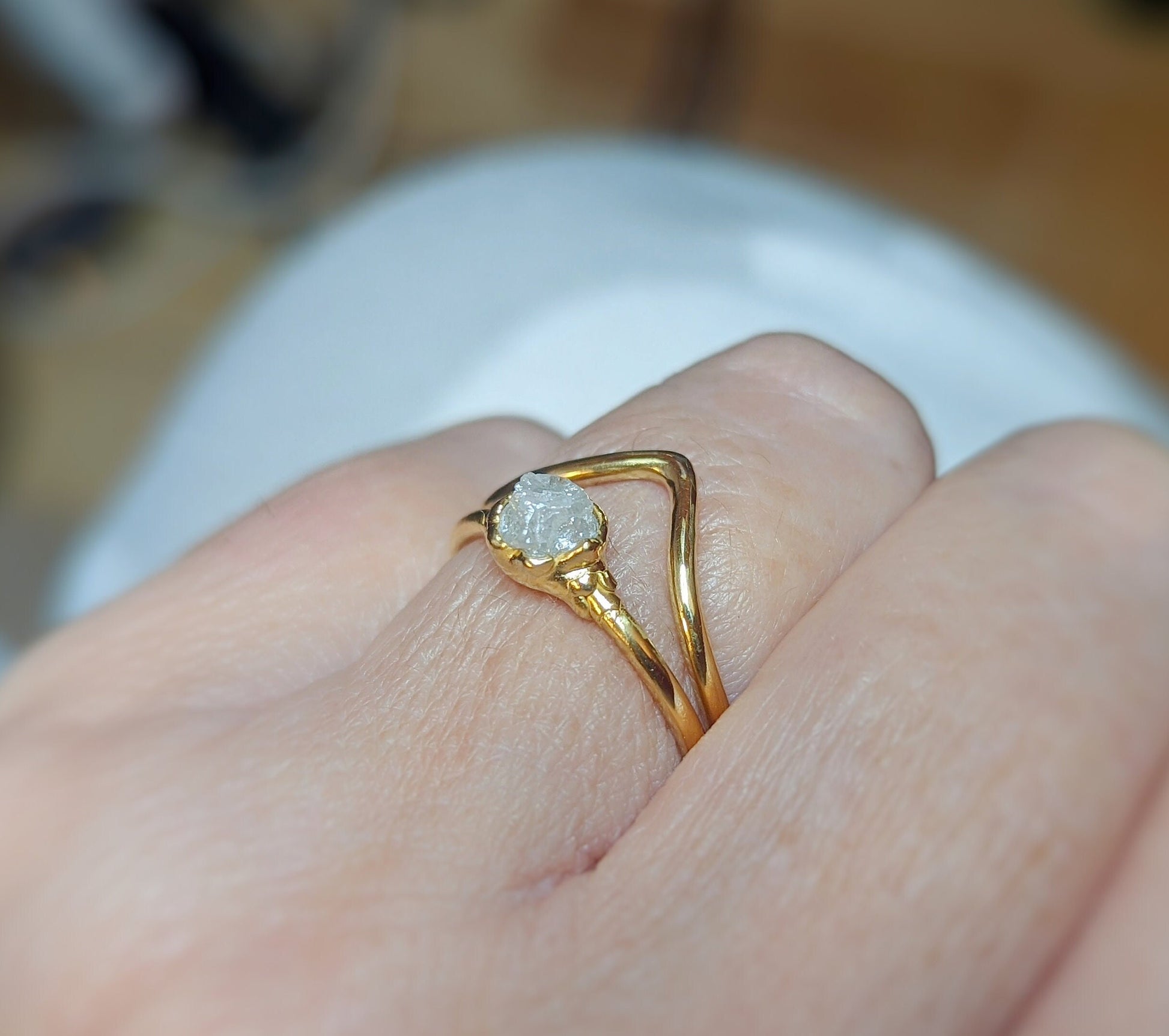 Raw diamond engagement Chevron ring set in 18k Gold