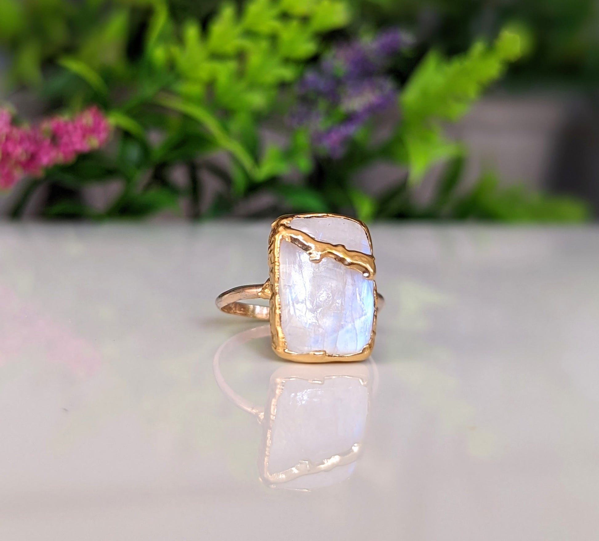 Natural Rainbow Moonstone ring in unique Kintsugi style 18k Gold setting