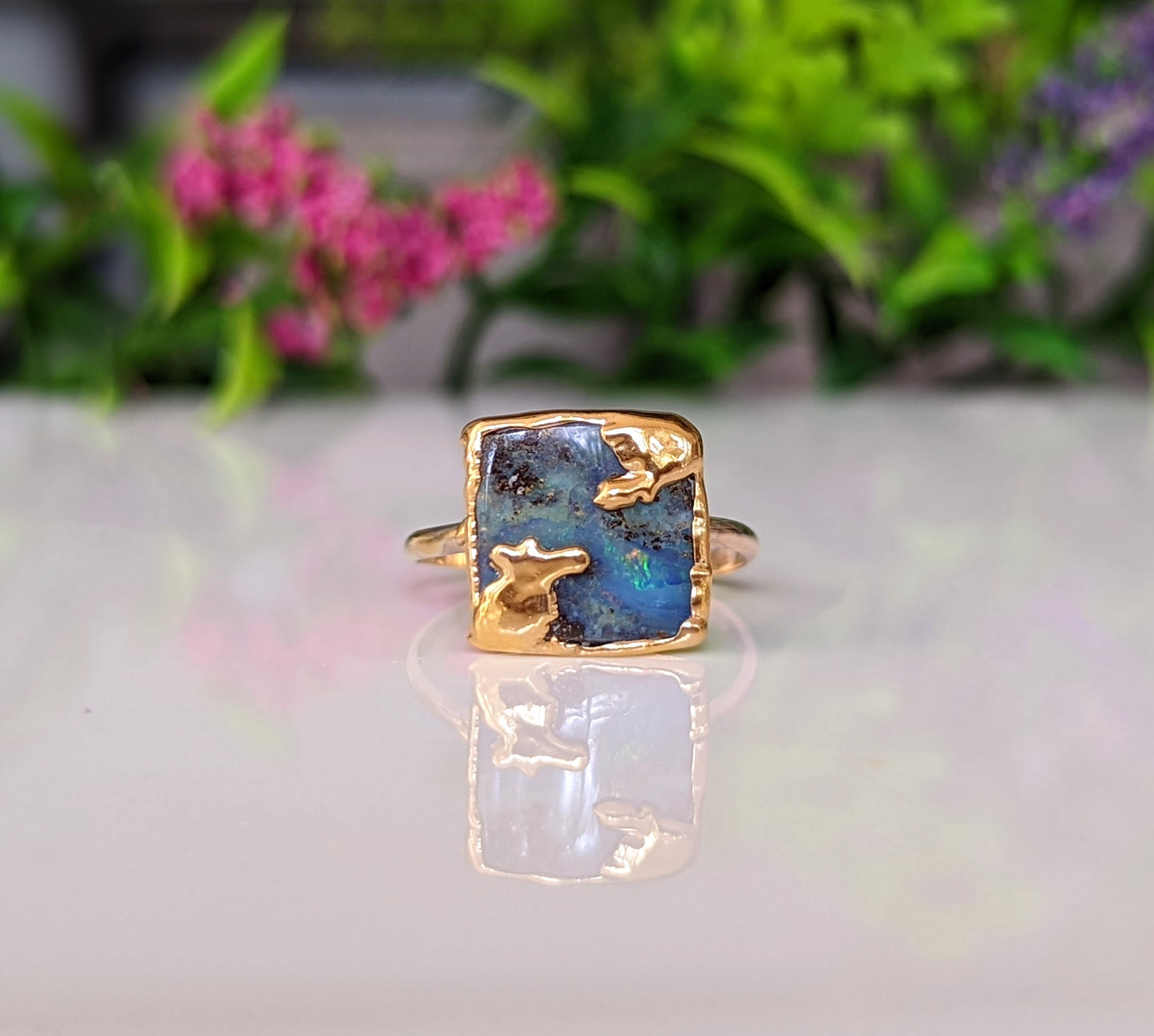 Natural Boulder Opal ring in unique Kintsugi style 18k Gold setting