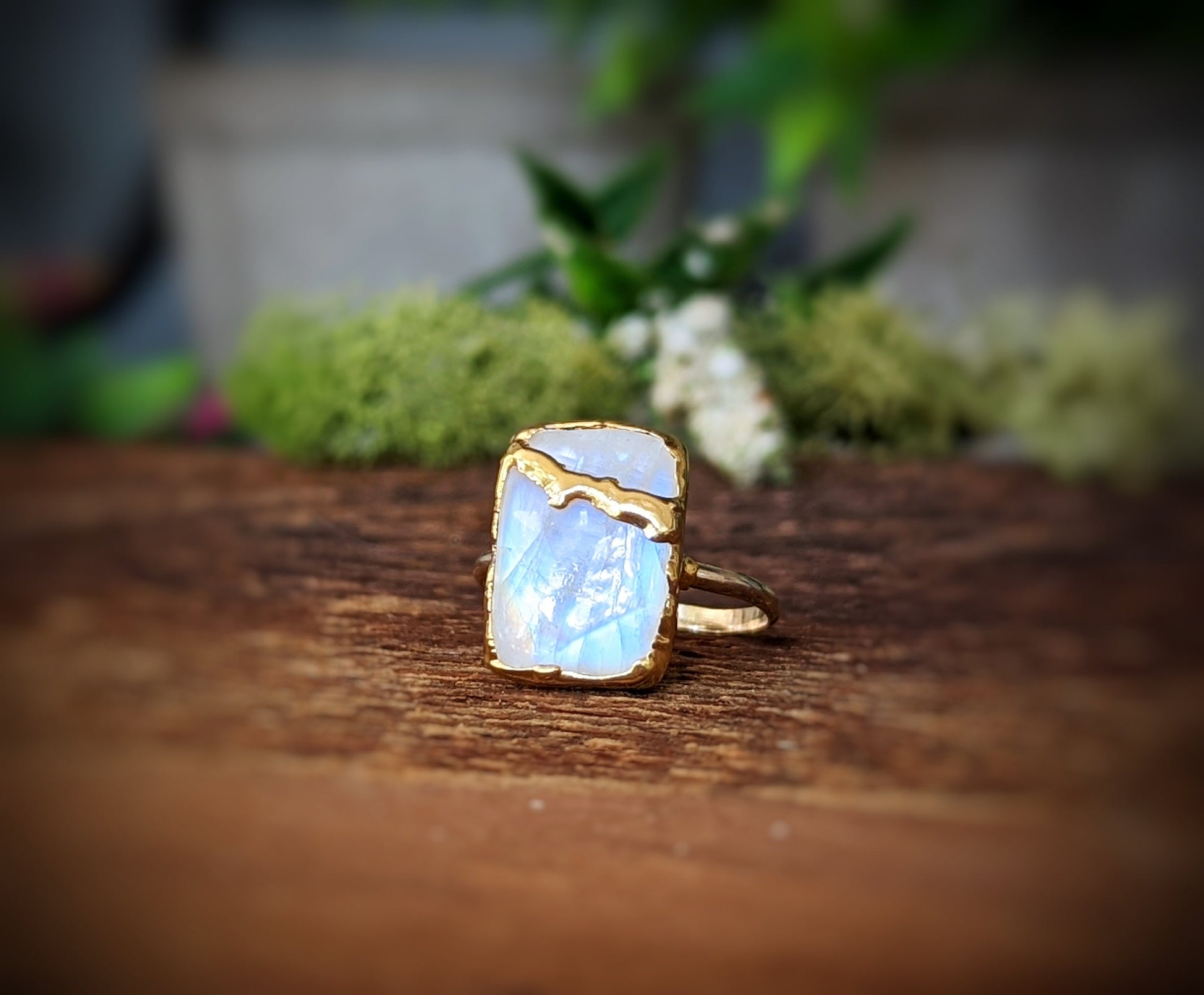 Natural Rainbow Moonstone ring in unique Kintsugi style 18k Gold setting