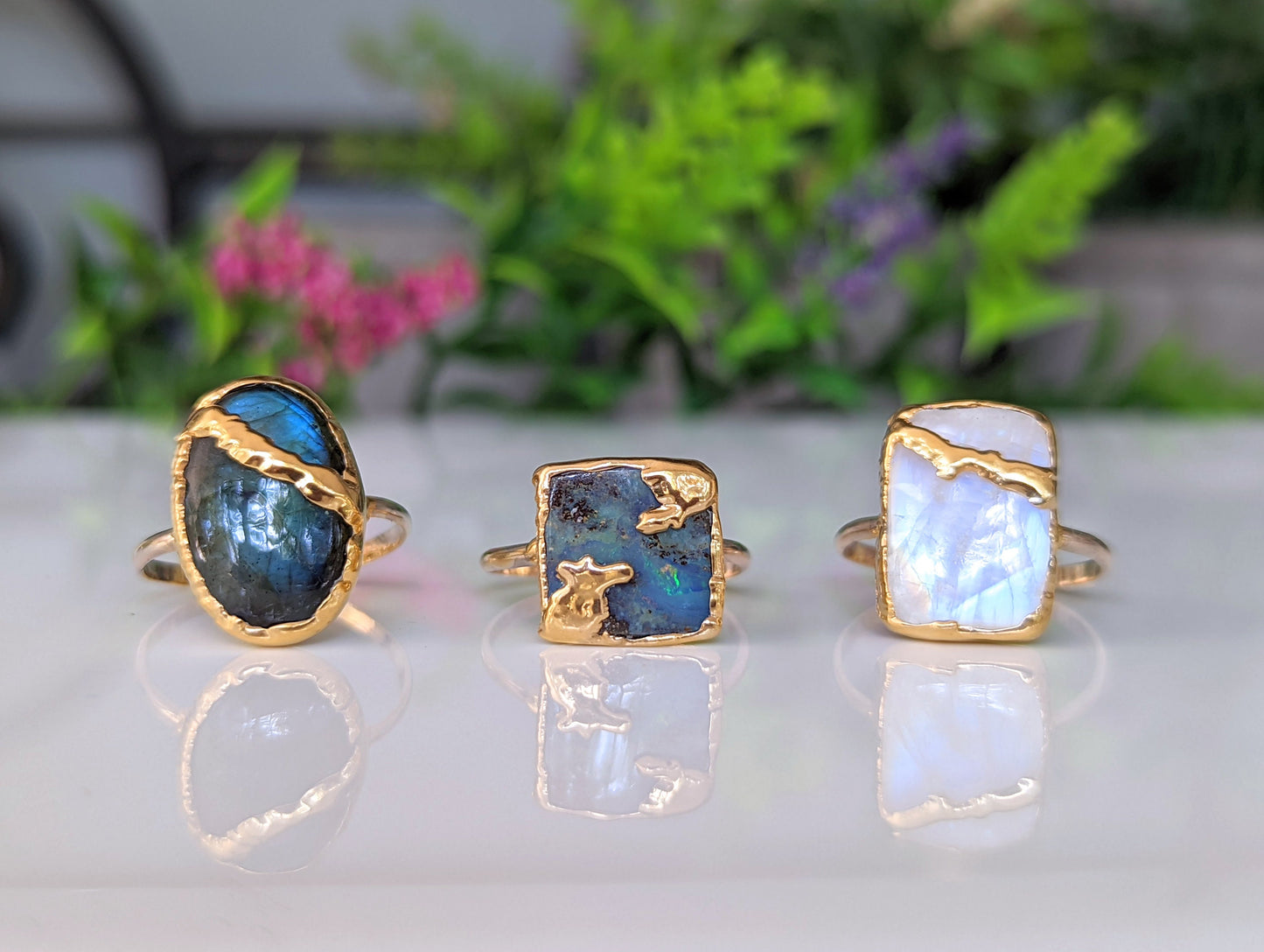 Natural  Gemstone rings in unique Kintsugi style 18k Gold setting