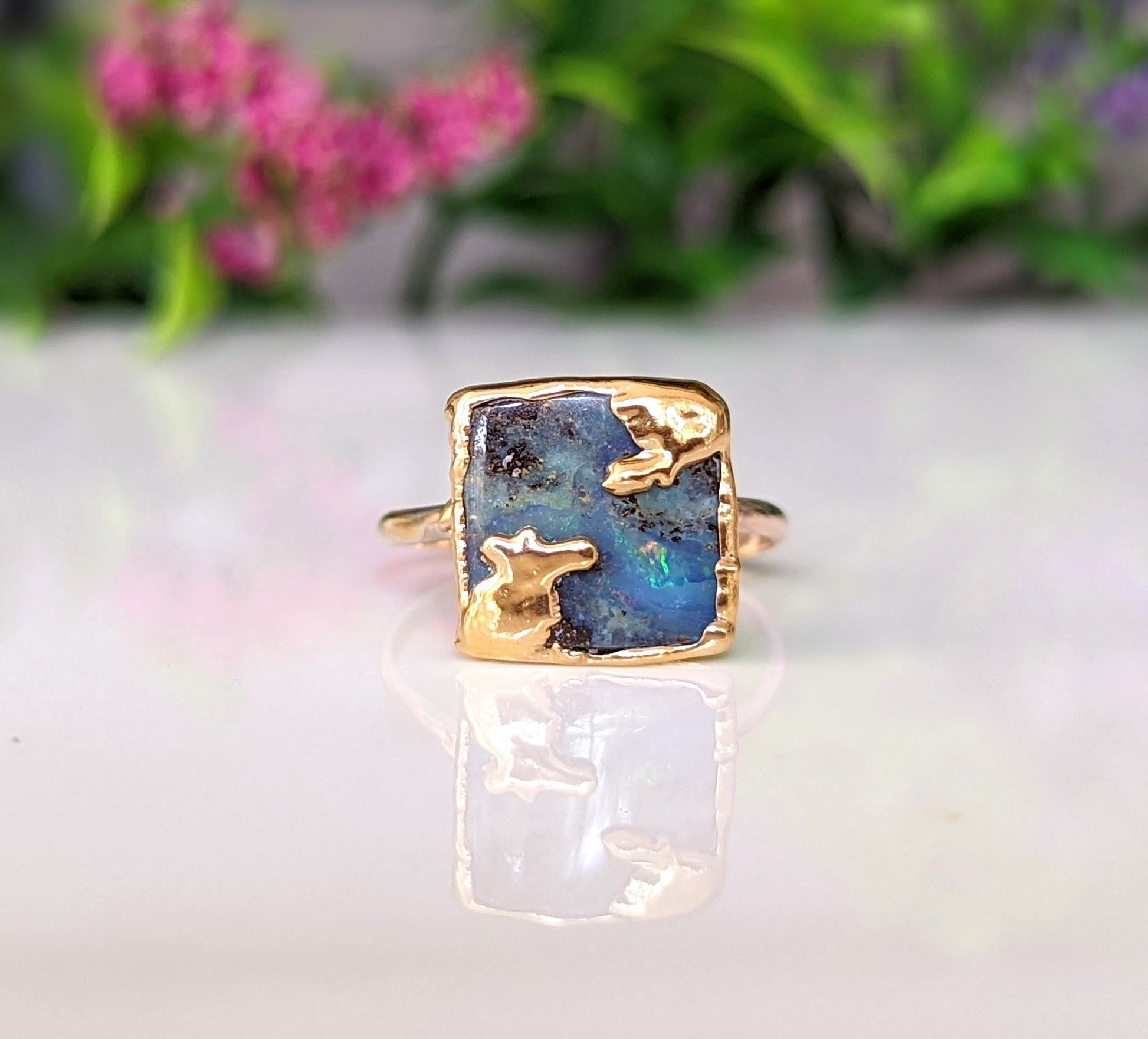 Natural Boulder Opal ring in unique Kintsugi style 18k Gold setting