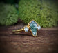 Kite shape Moss Agate and Herkimer Diamond Engagement Ring 18k Gold