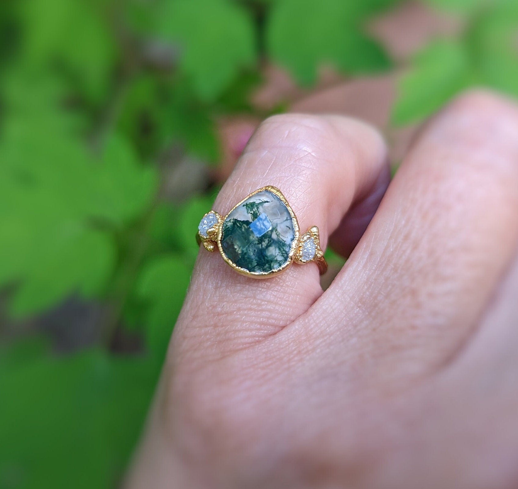 Large Pear shape Moss Agate and Raw diamond Engagement ring on Twig style 18k Gold band