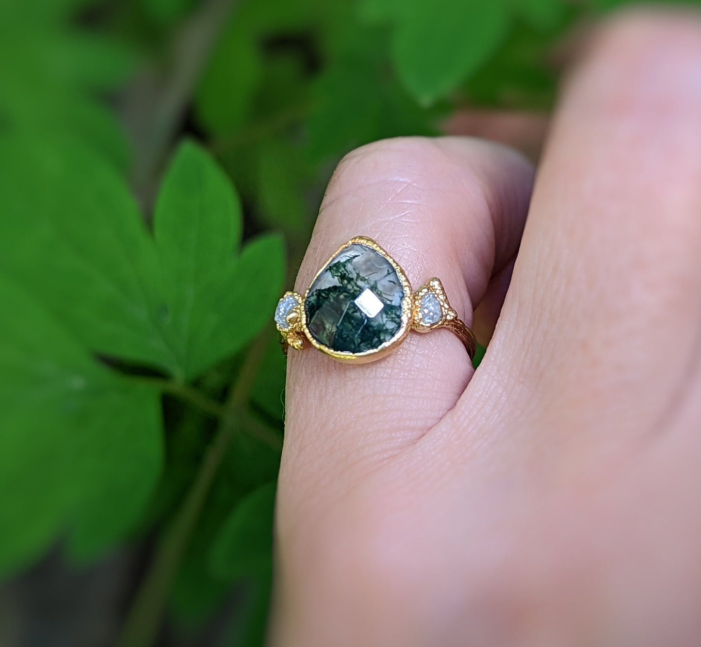 Large Pear shape Moss Agate and Raw diamond Engagement ring on Twig style 18k Gold band