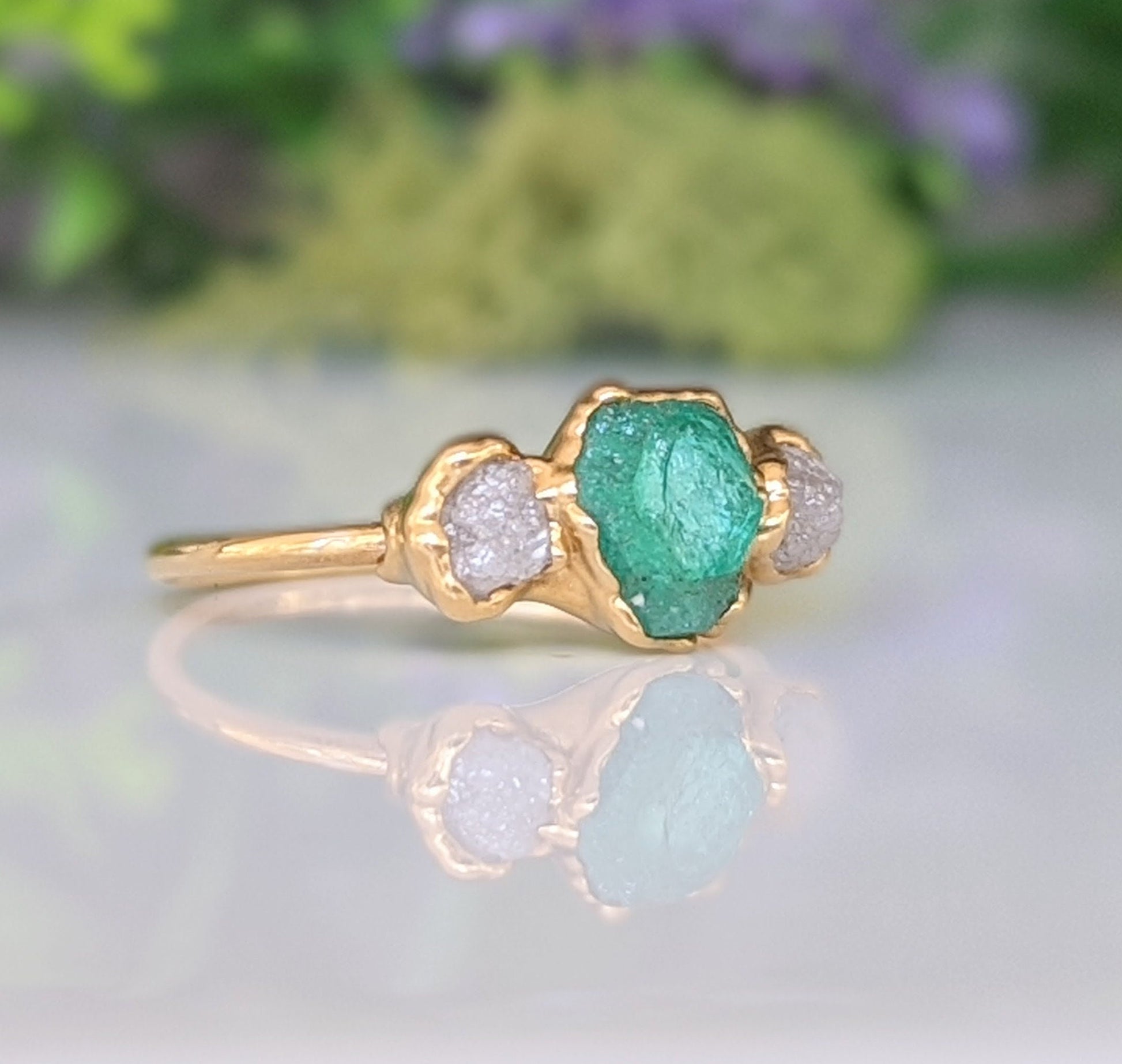 Raw Emerald and rough uncut diamond engagement ring in 18k Gold