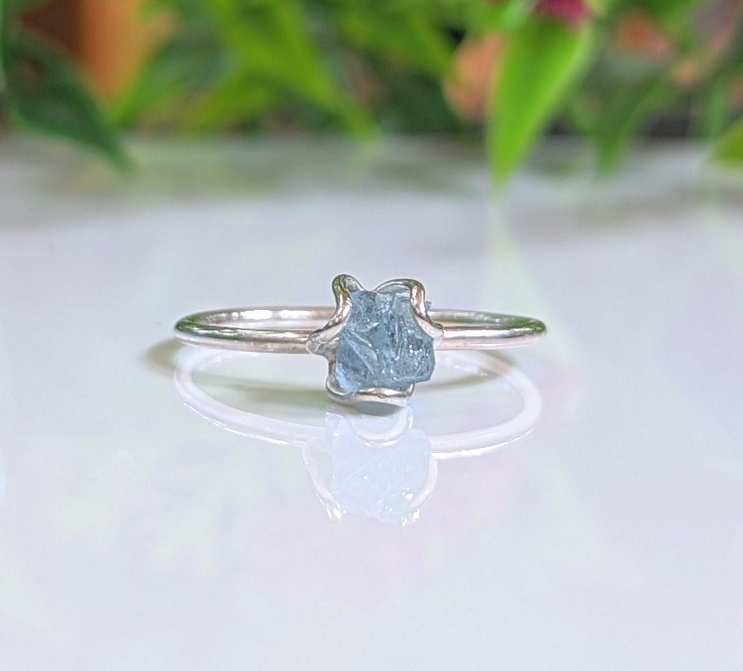 Raw Aquamarine Solitaire Engagement Ring in Sterling Silver Flower Prong setting