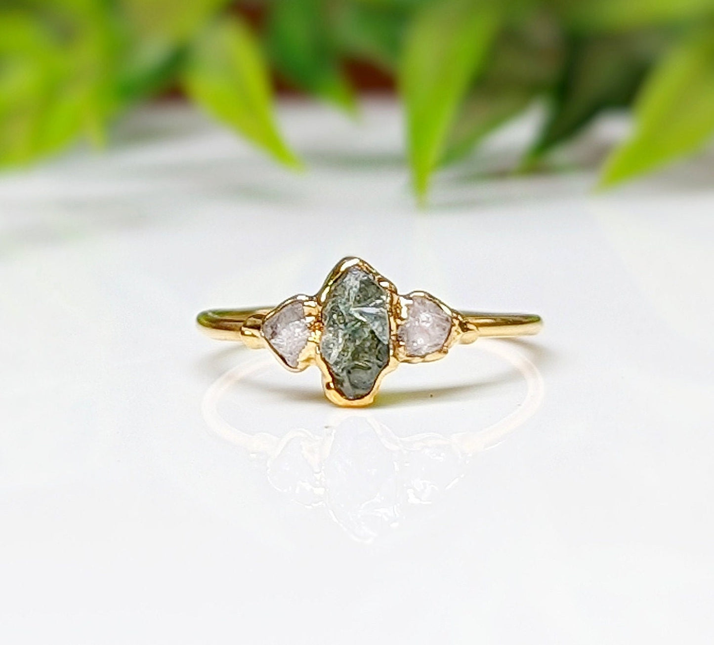Raw Green Sapphire and Herkimer Diamond Engagement ring in 18k Gold