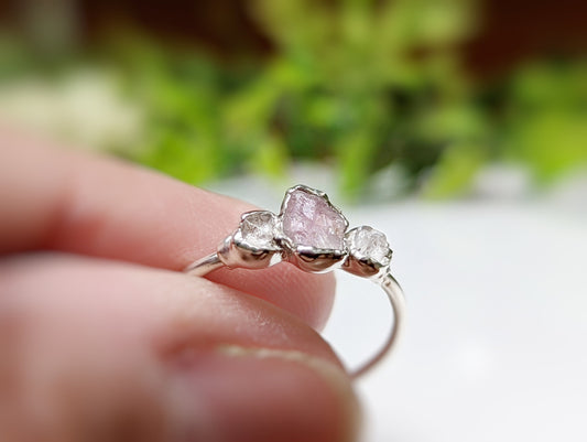 Raw pink Sapphire & Herkimer diamond engagement ring in Fine 99.9 Silver