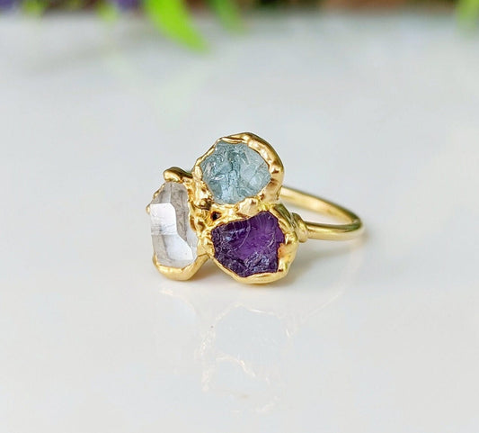 Raw 3-stone Cluster Mother's ring ~ Family Birthstone ring in unique 18k Gold setting