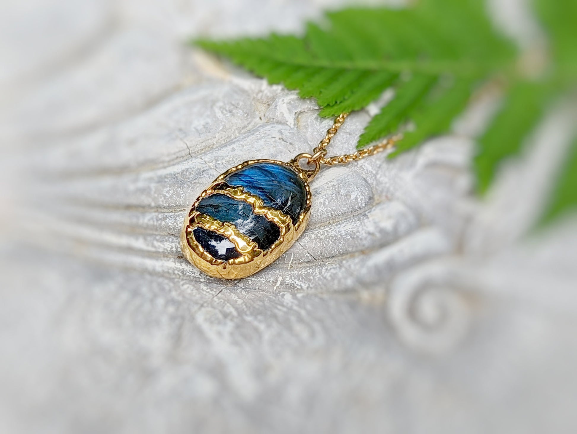 Large Oval Labradorite necklace in Kintsugi style setting