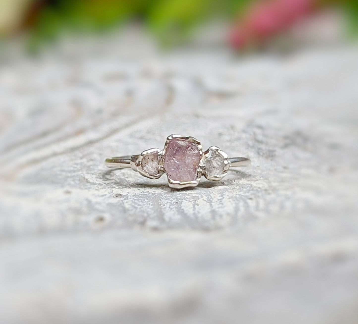 Raw pink Sapphire & Herkimer diamond engagement ring in Fine 99.9 Silver