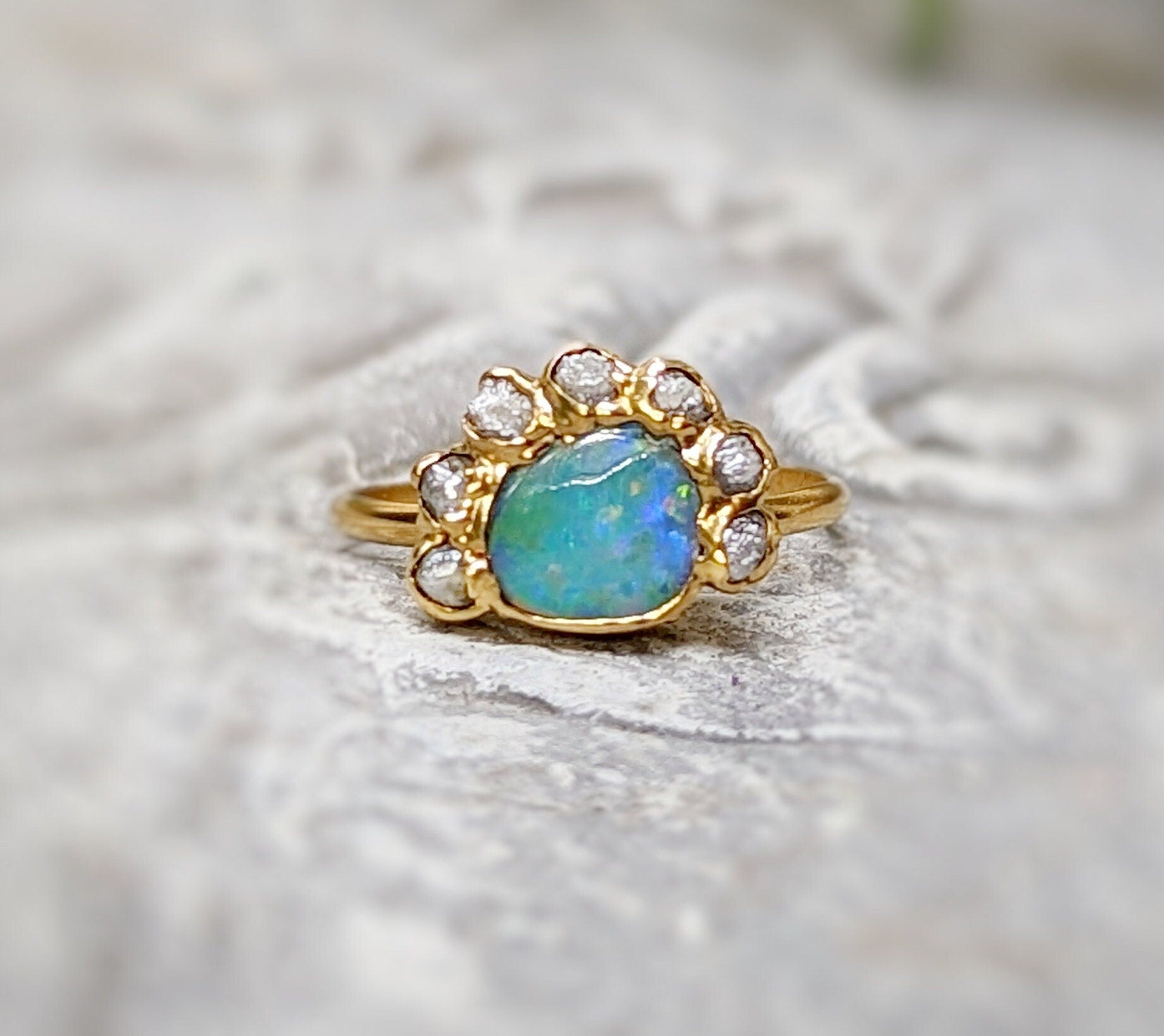 Blue Australian Opal and raw diamond Engagement ring in 18k Gold