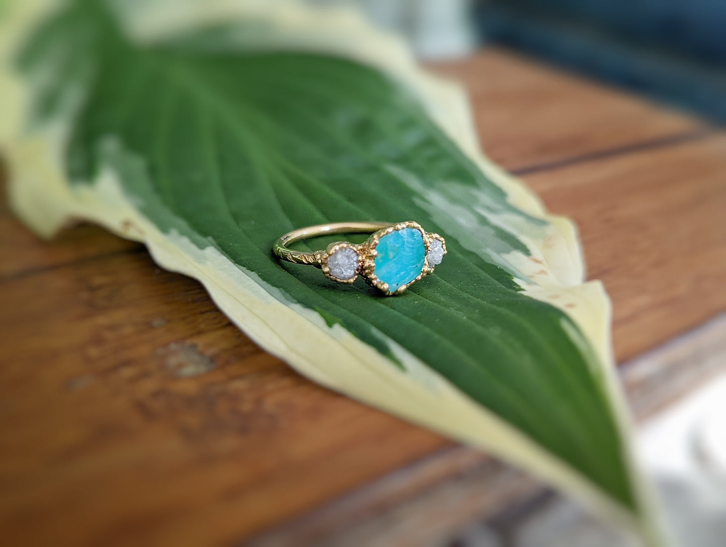Raw Peruvian Opal and diamond ring in Solid 14k Gold