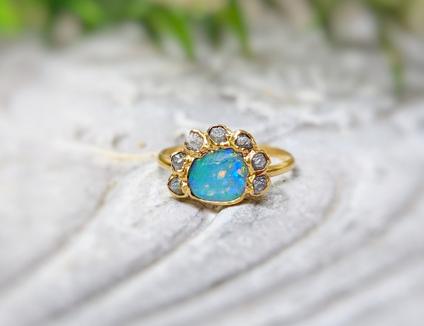 Blue Australian Opal and raw diamond Engagement ring in 18k Gold