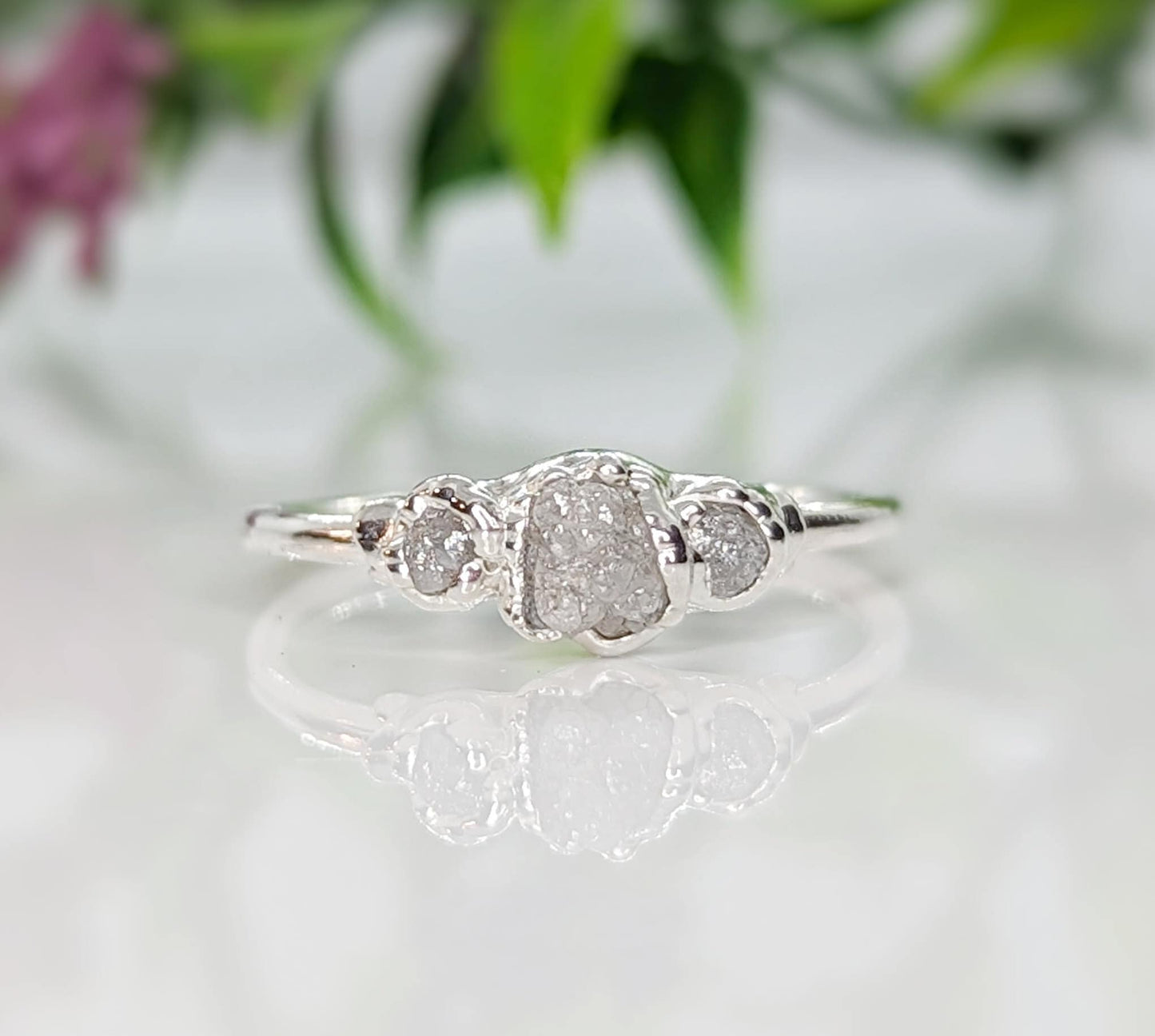 Raw uncut 3-diamond engagement ring in Fine 99.9 Silver