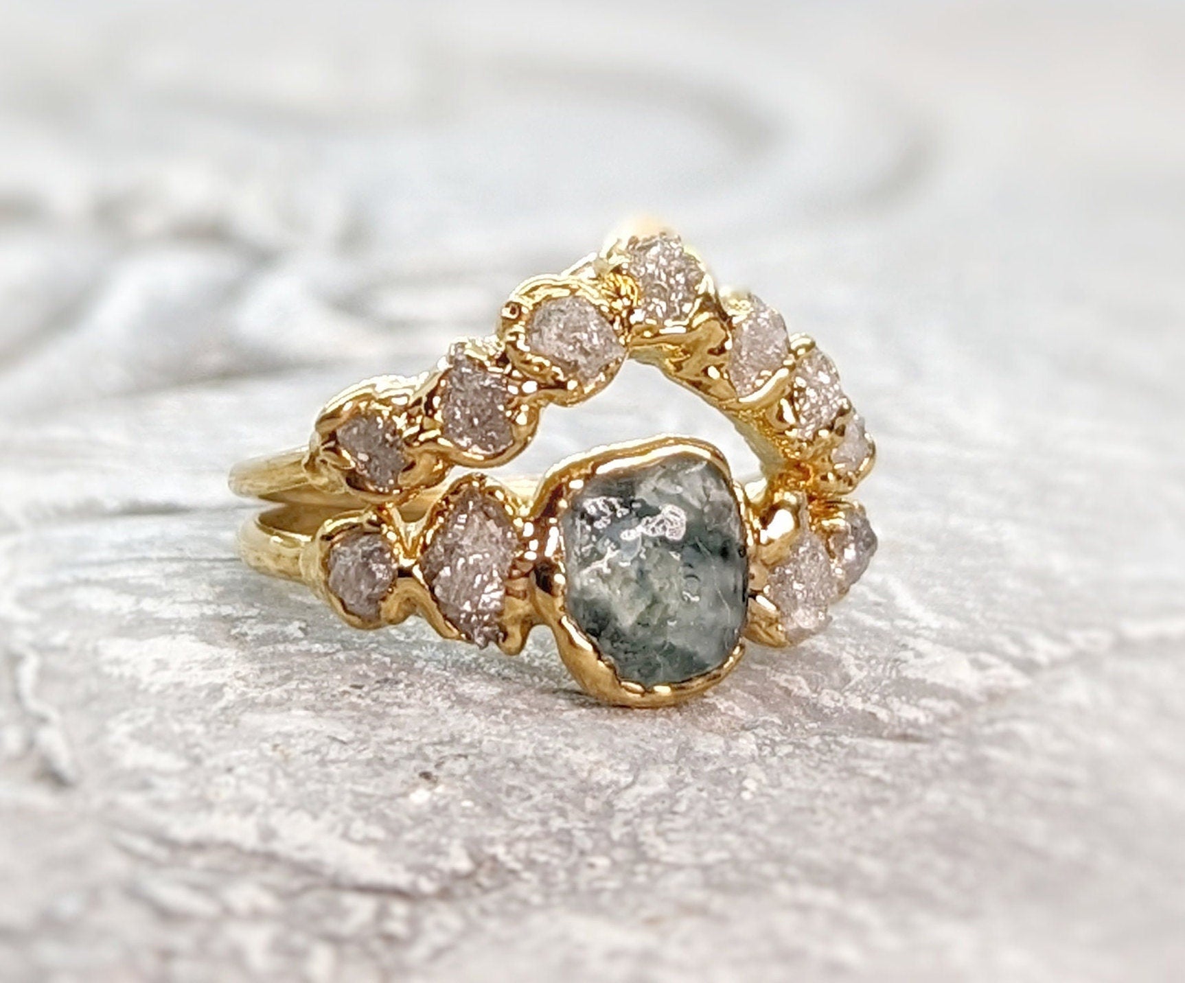 Raw Montana Sapphire and rough uncut diamond Chevron Engagement and wedding ring set in 18k Gold