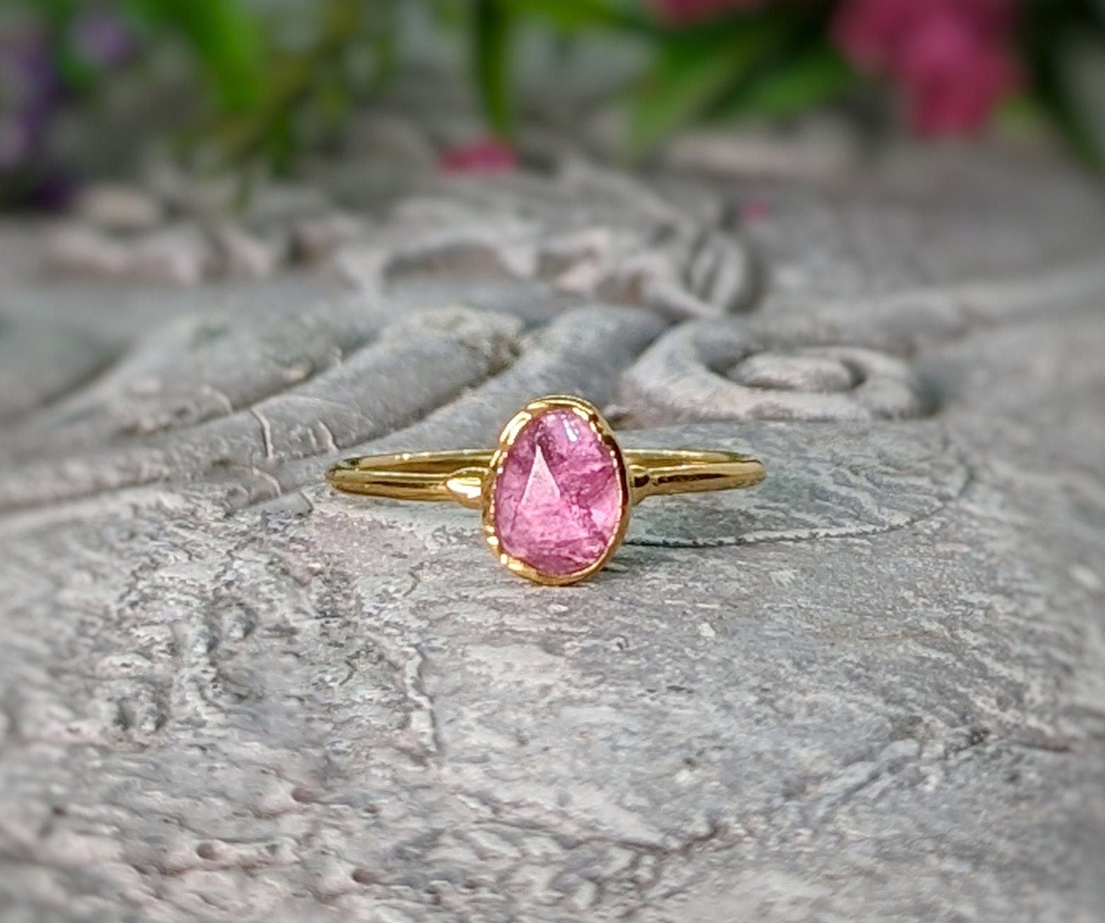 Pink Tourmaline ring - October Birthstone ring in unique organic 18k Gold setting