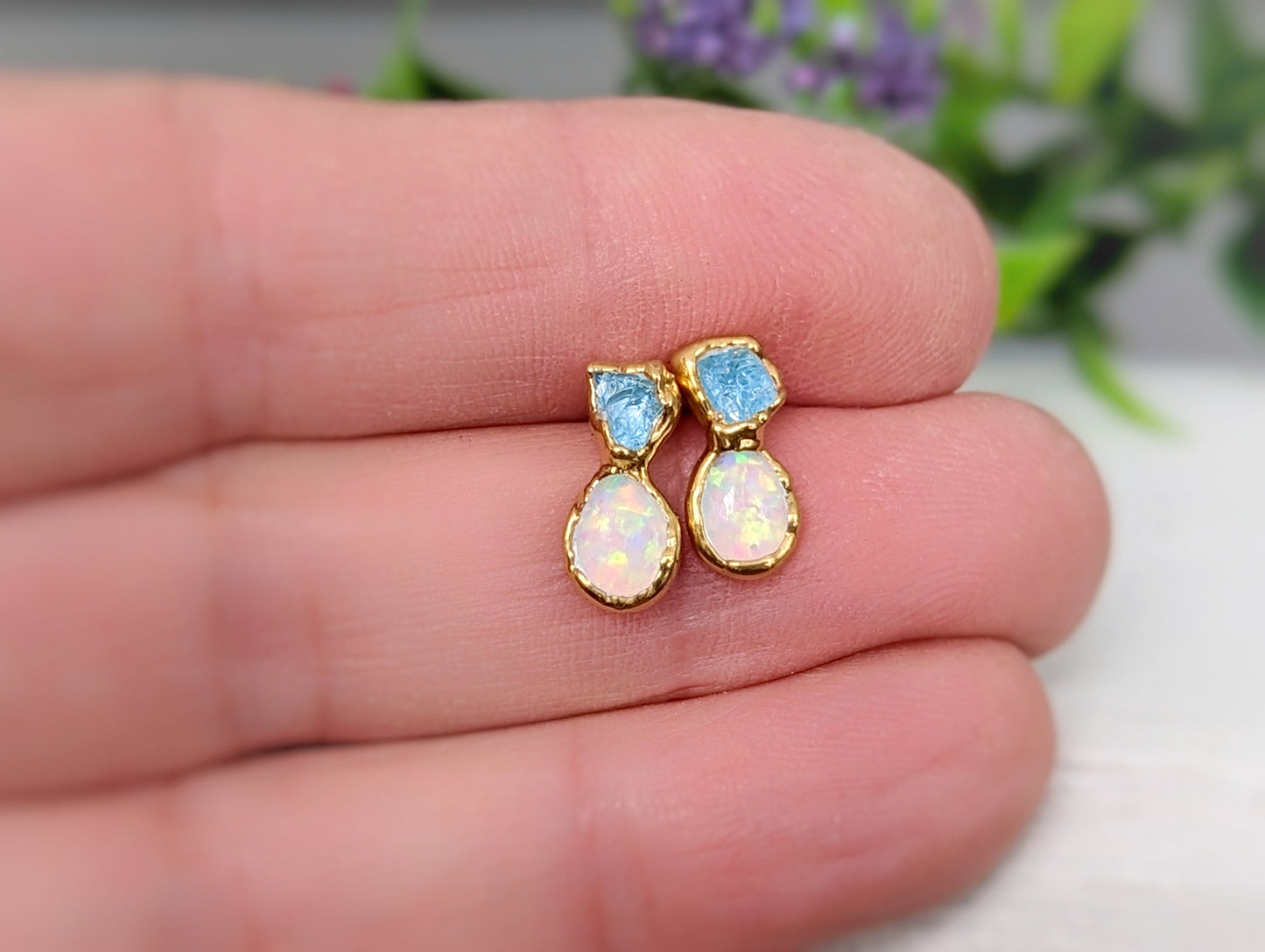 Raw Aquamarine and Australian Opal Stud Earrings 
