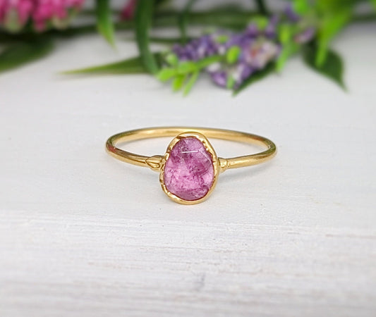 Pink Tourmaline ring - October Birthstone ring in unique organic 18k Gold setting