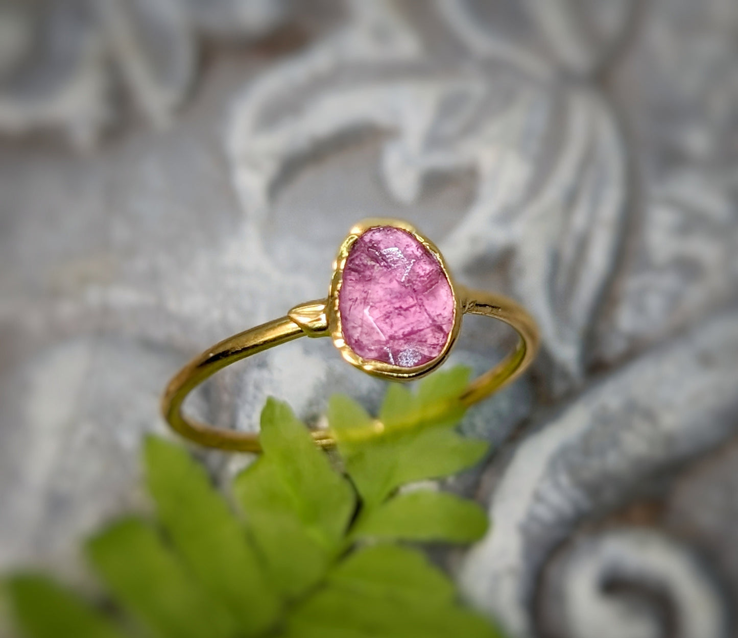 Pink Tourmaline ring in unique 18k Gold setting