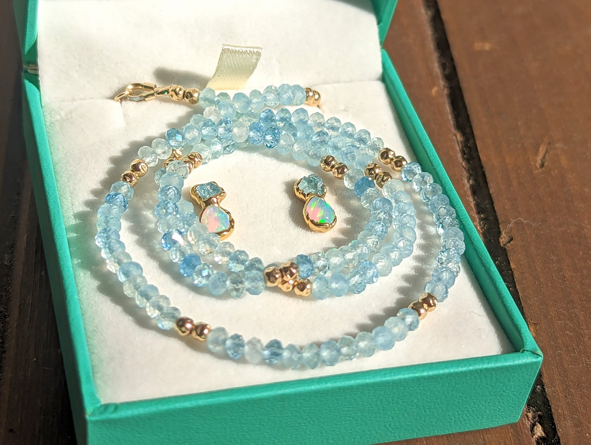 Aquamarine and Australian Opal Stud Earrings and beaded Necklace Bridal uniquely set in 18k Gold